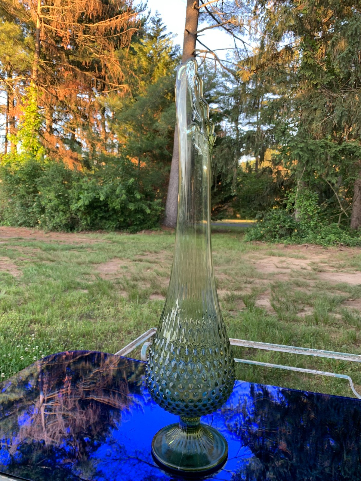 Fenton Colonial Green 22″ Swung Vase Glass MCM 1960’s Footed Hobnail Stretch VTG