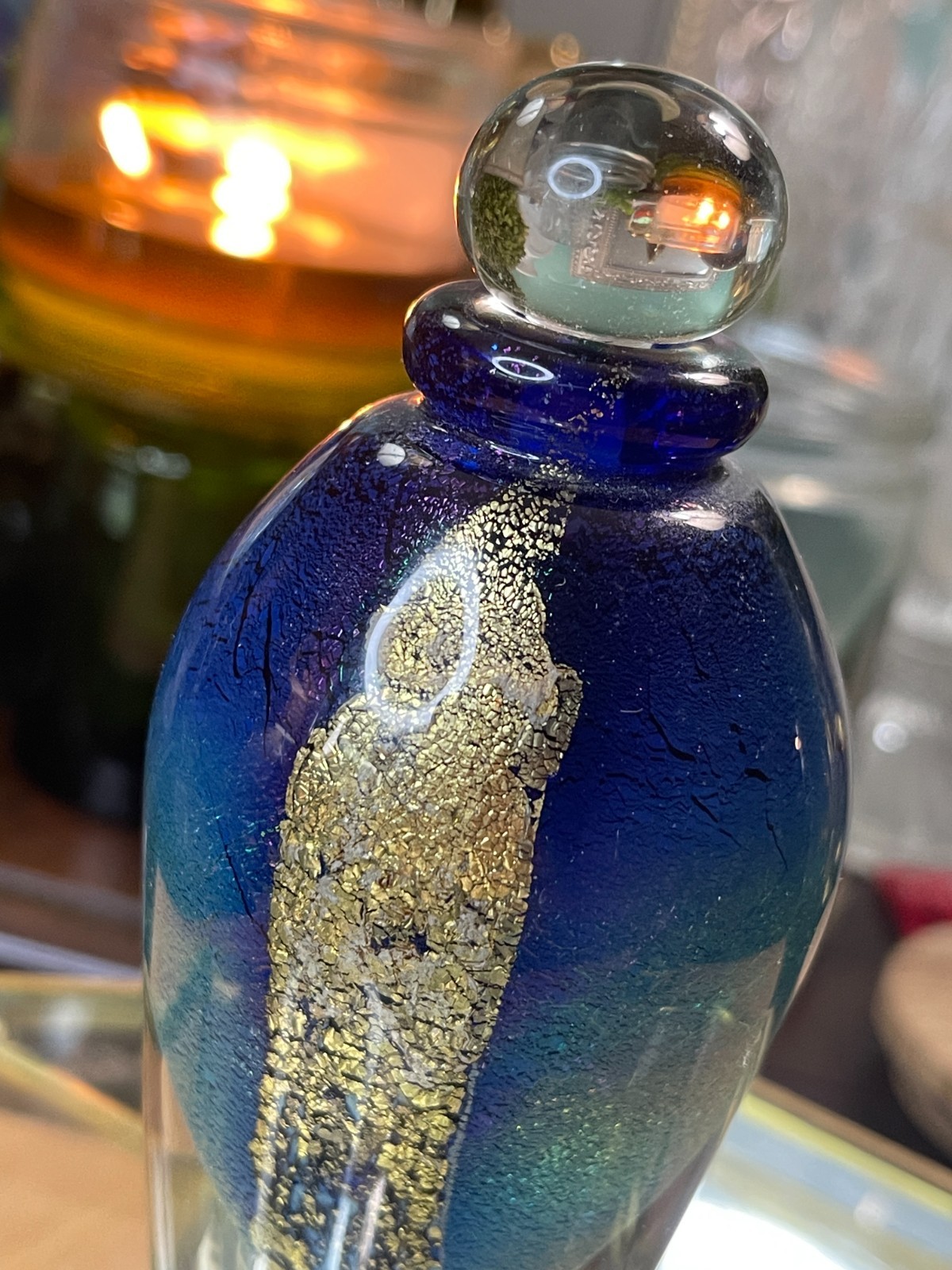 Eickholt Glass Perfume Bottle Paperweight Art Glass Gold Leaf Signed 2004 Earth