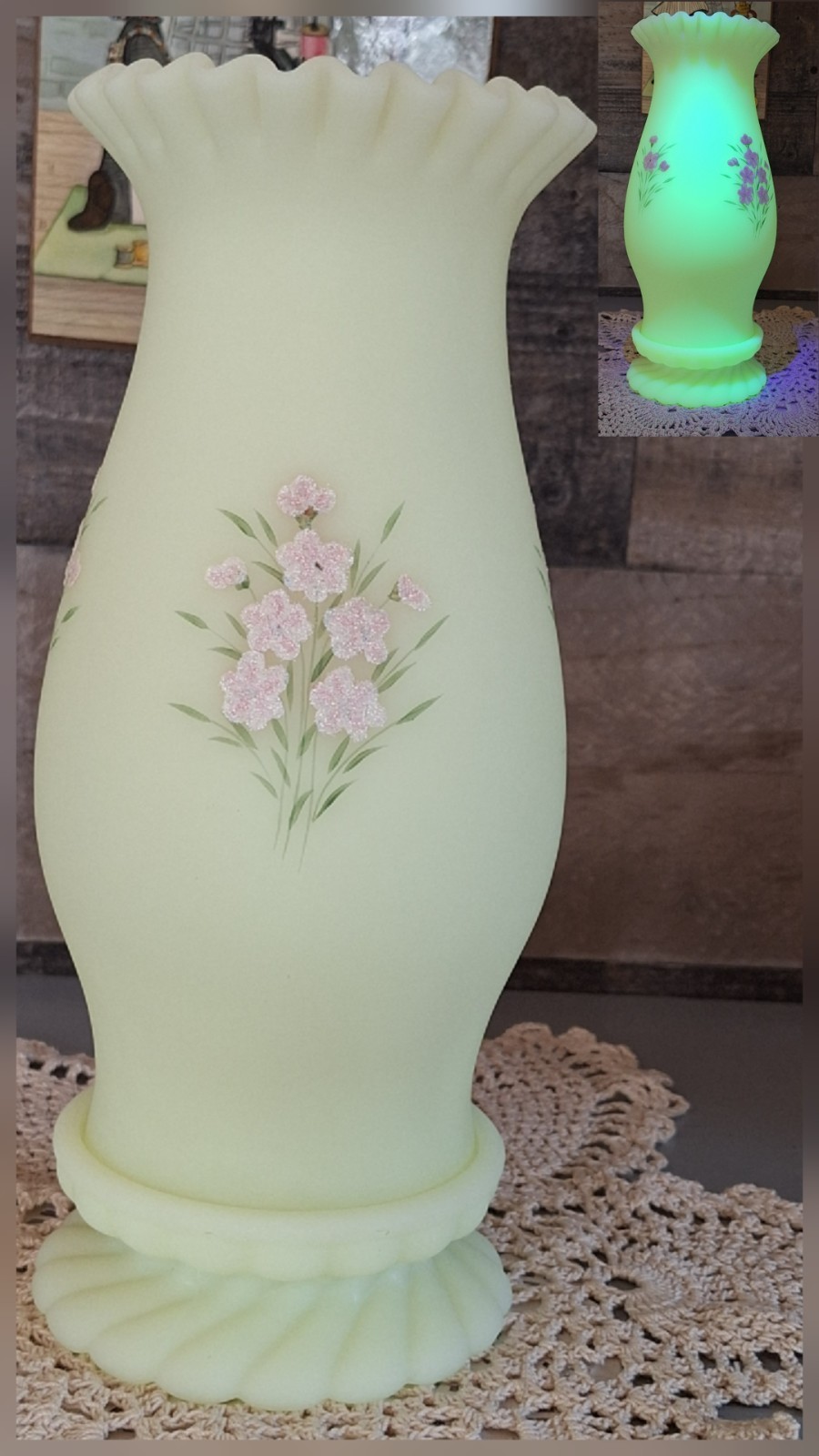 Fenton Custard Uranium Glass Sugared Pink Blossom Two piece Hurricane Lamp