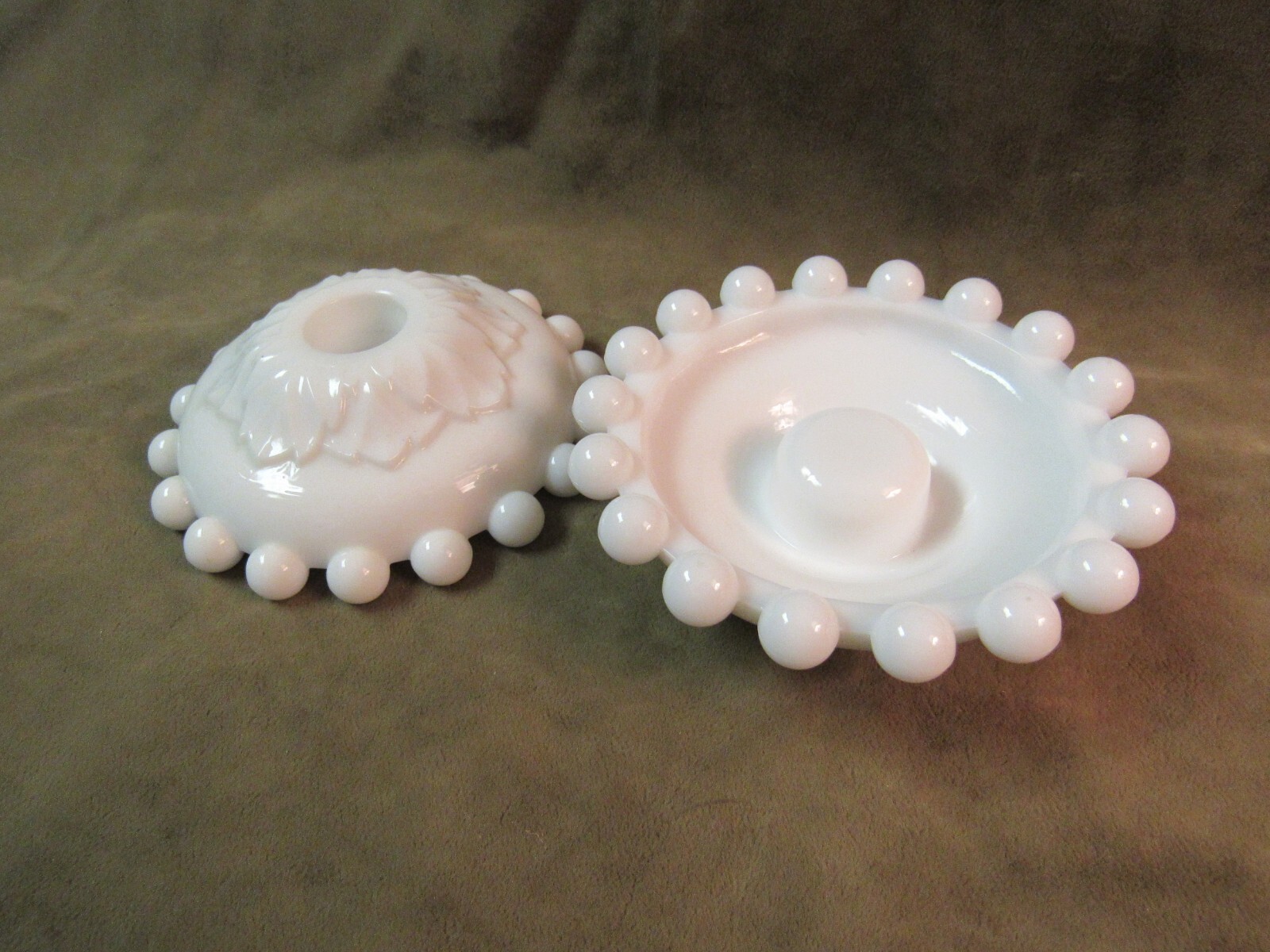 1950’s Imperial Glass Milk White Overlapping Leaves Candlewick Low Candleholders