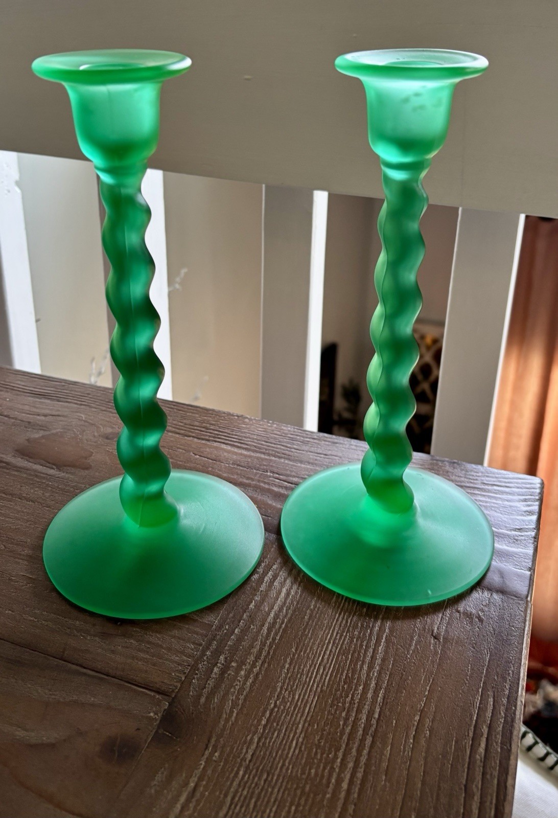 8 1/2” Tiffin Vintage Satin Green Uranium Glass Candlesticks,Beautiful,Glows!!