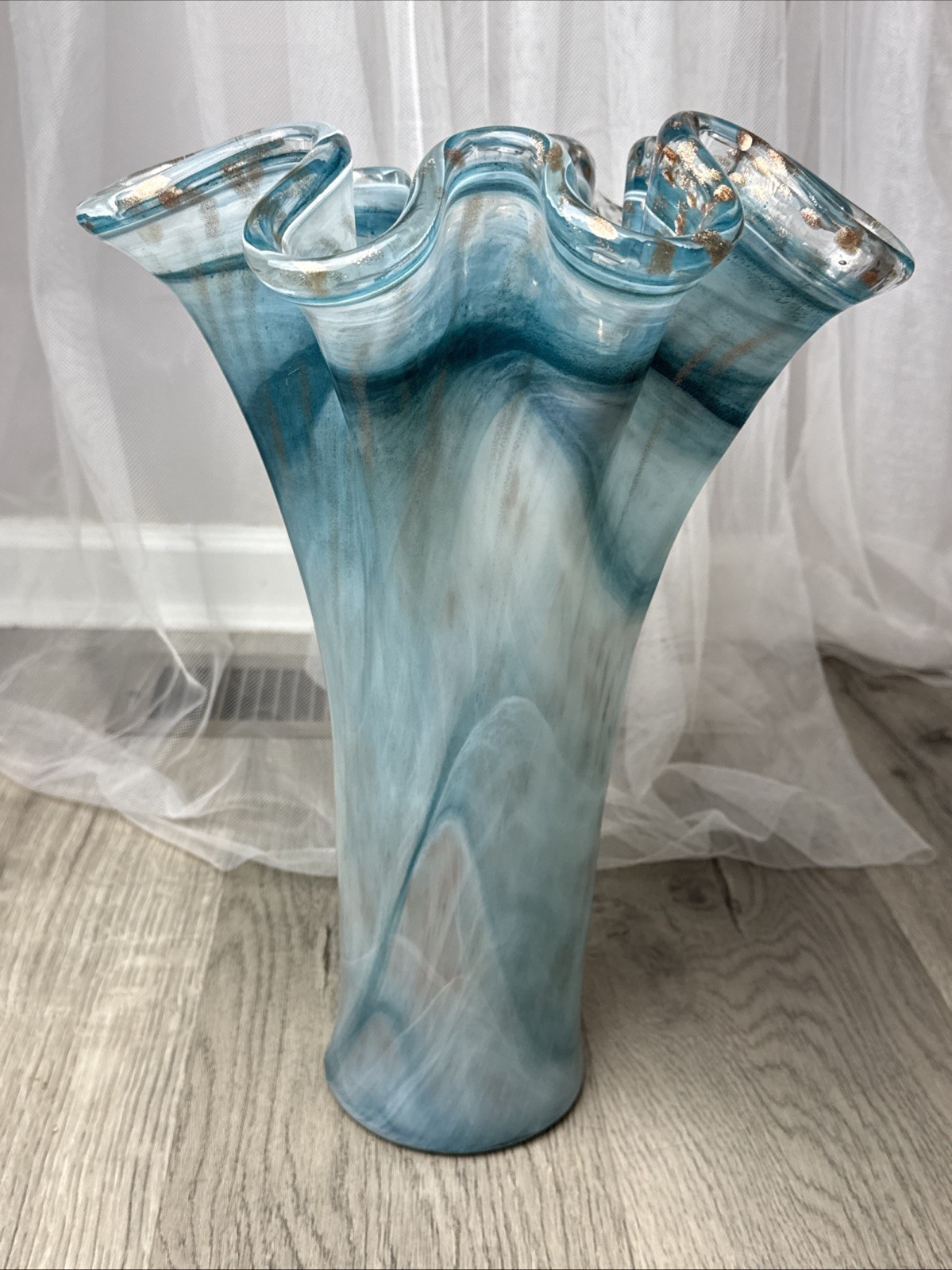 Murano Ruffle Top Light Blue & Gold Glass Vase 16″ H X 11″W X 11.5″D SEE PHOTOS!
