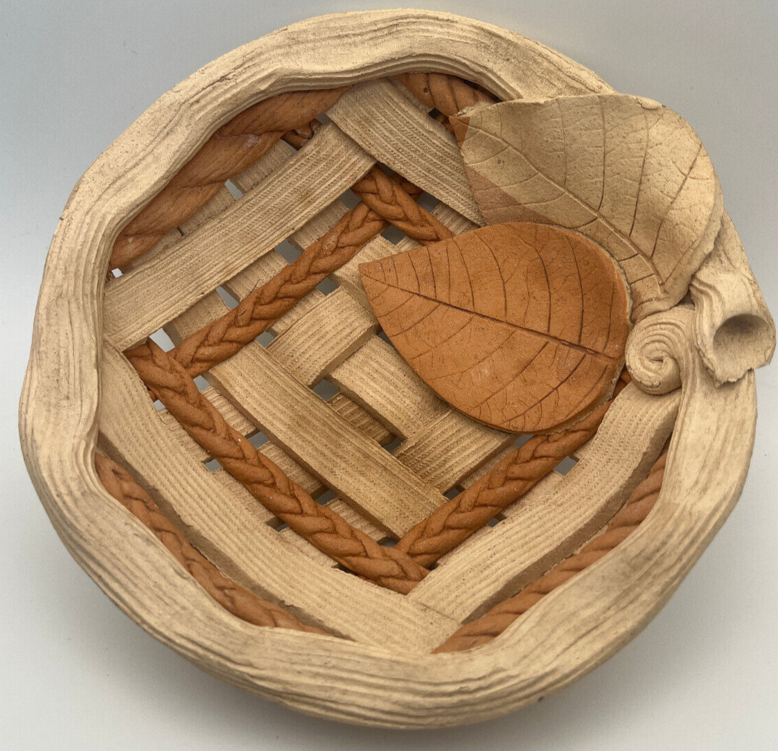 Hand Made 2 Color Clay Basket 6” D X 2” T NEW HANDMADE see descrip.