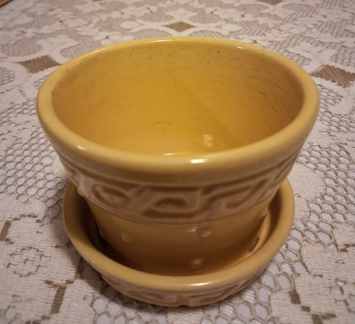 Vintage McCoy Pottery Canary Yellow Greek Grecian Design Cute Plant pot