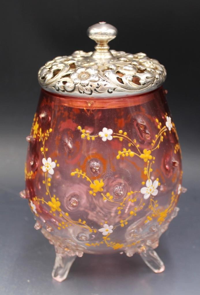 Antique Victorian Enameled Art Glass & Sterling Silver Lid Potpourri Jar