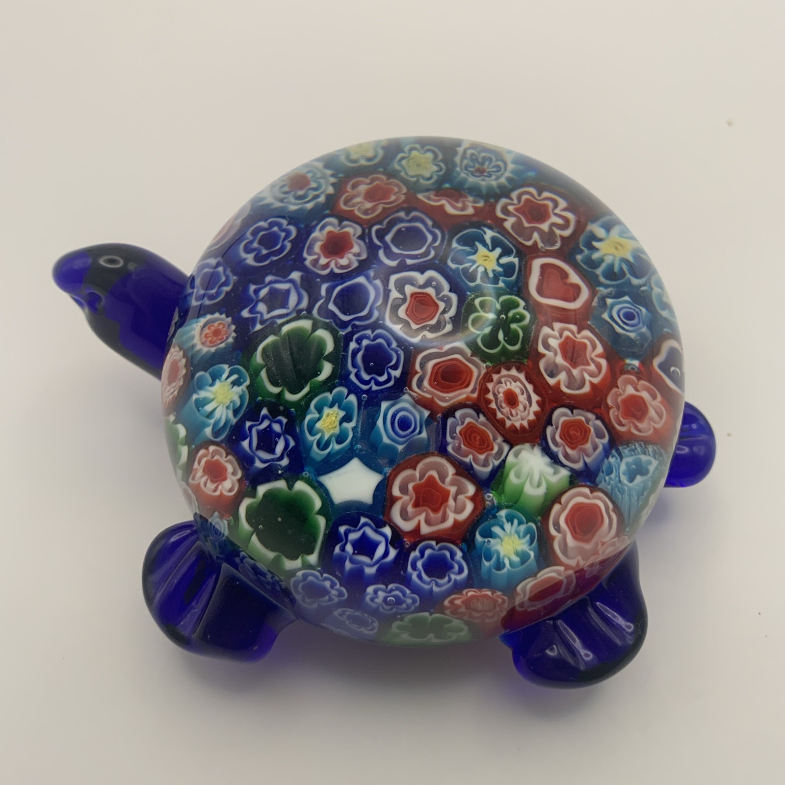 Art Glass Turtle Paperweight Figurine Millefiori Blue Green Red White Flowers