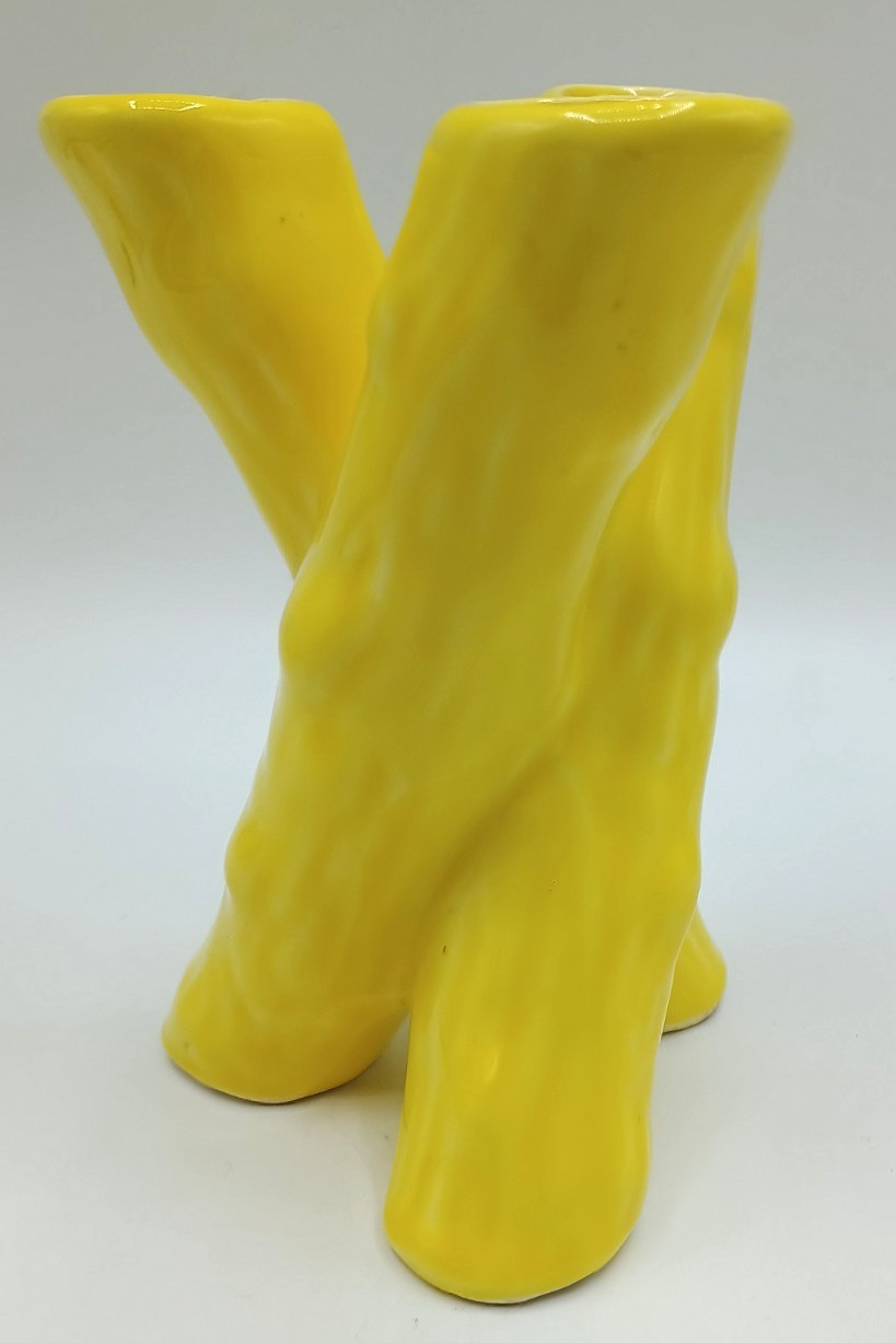 Vintage Camark Pottery Twisted Bamboo Triple Bud Vase Yellow
