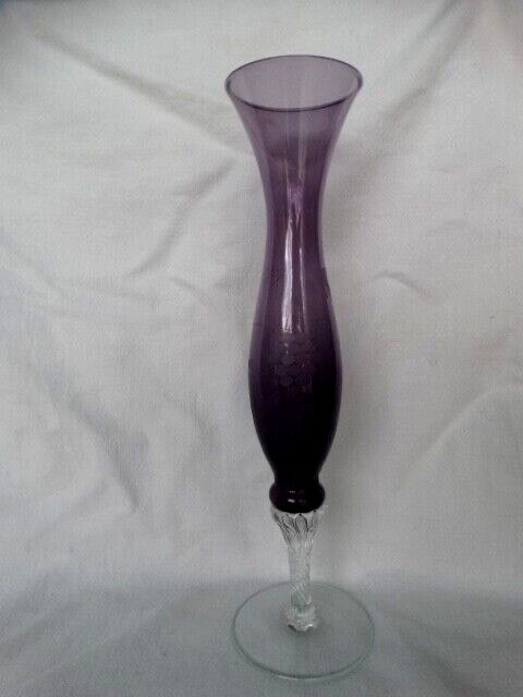 Italian Empoli Amethyst 10″ Bud Vase w/ Clear Twist Stem Wheel Cut Grapes EUC