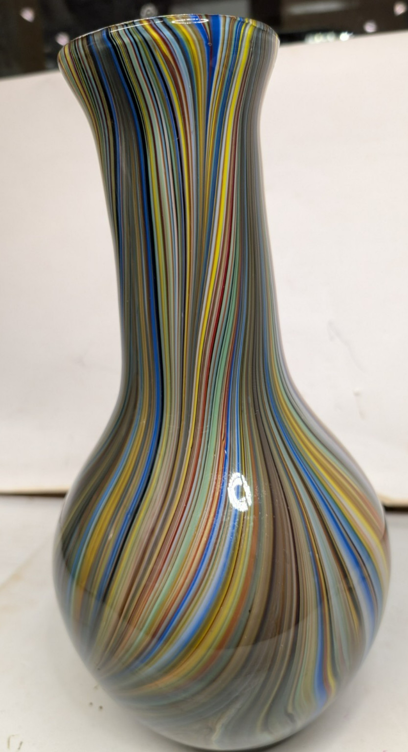 Multi-Colored Swirl Glass Vase -Colorful Striped Filegrana Technique 13 1/2 Tal
