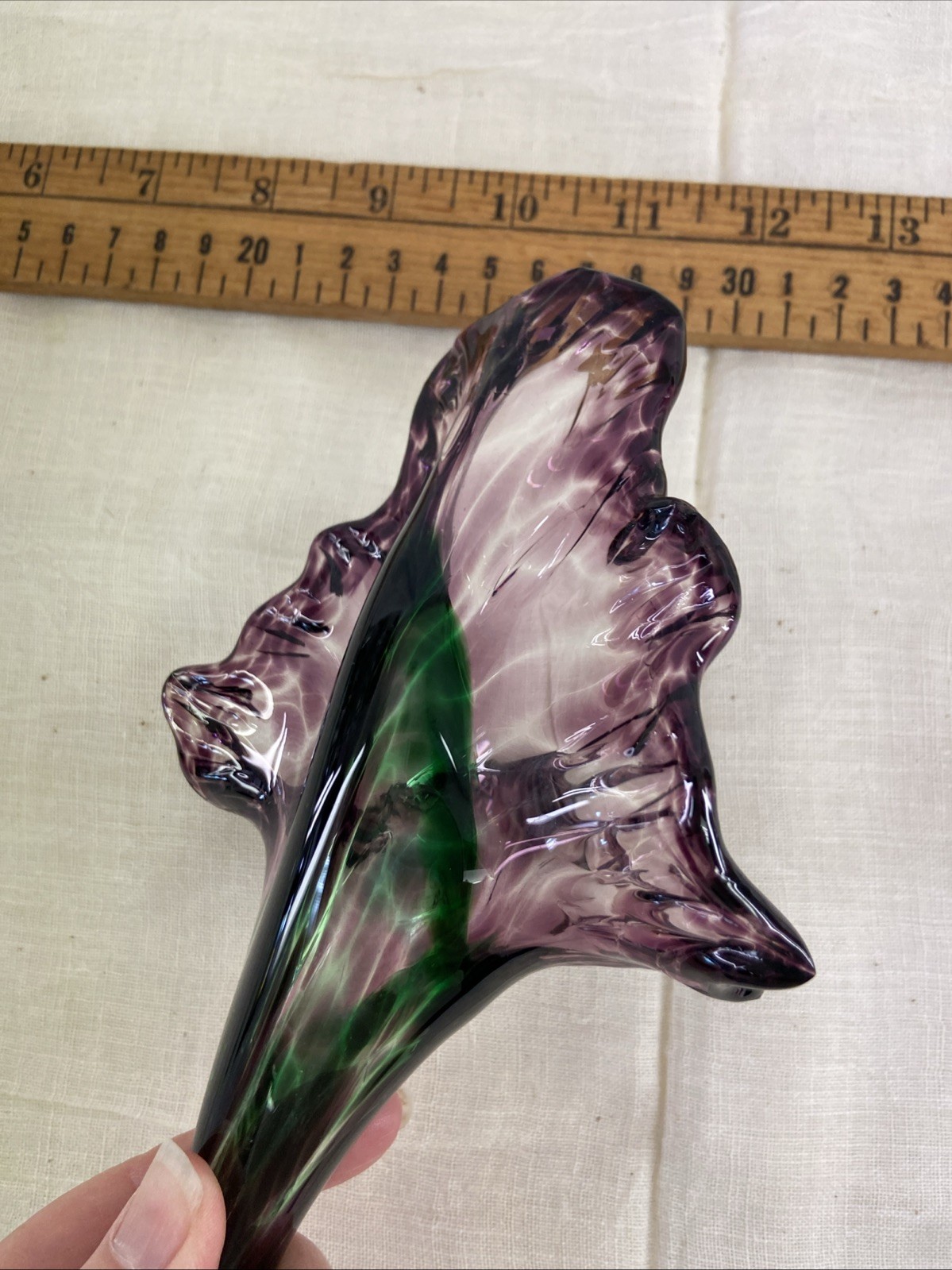 Two Vintage Handblown Art Glass Flowers Pink Purple & Green