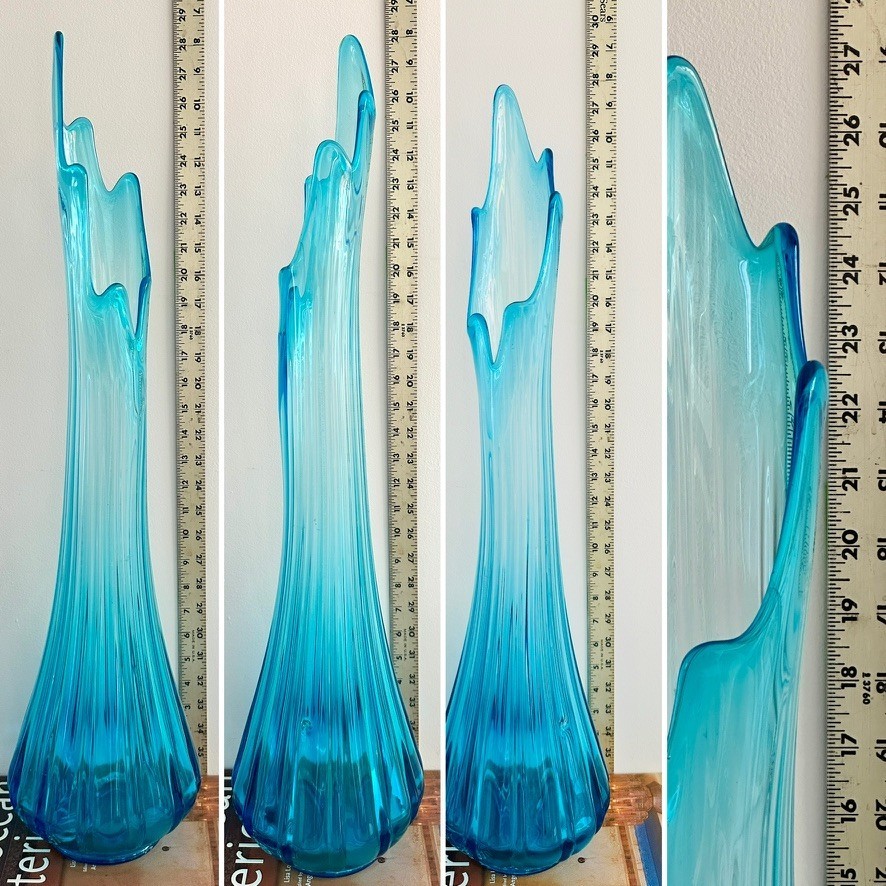 HUGE LE Smith Colonial Blue Swung Glass MCM Floor Vase – 28.25” Tall