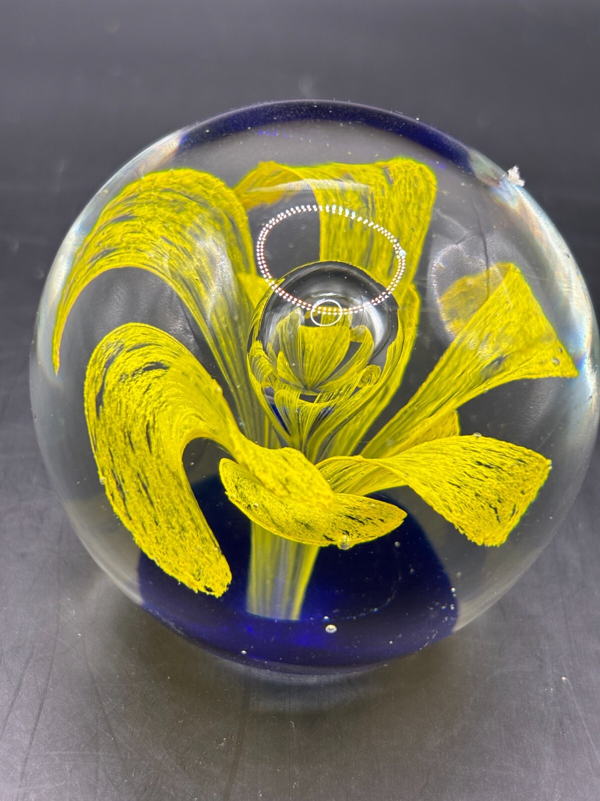 Pretty Hand Blown Art Glass Paperweight Yellow Flower with Cobalt Blue Base
