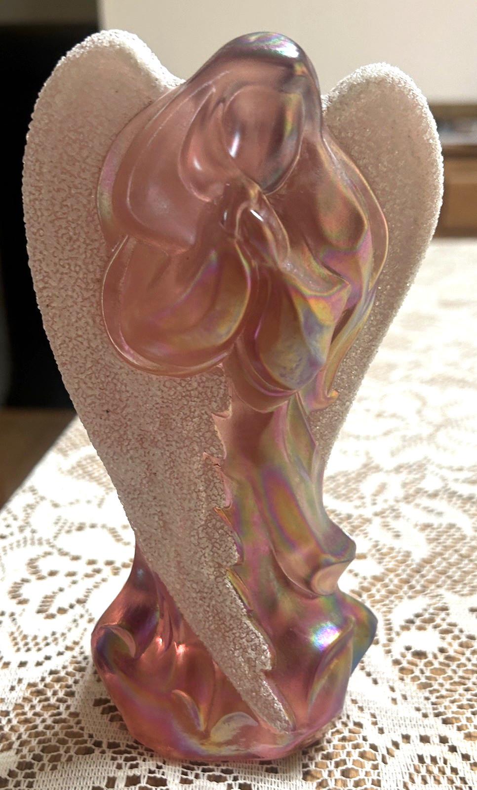 FENTON Glass Rose-Pink Irridescent Carnival ANGEL w CORALENE WINGS 7 1/4″ VG