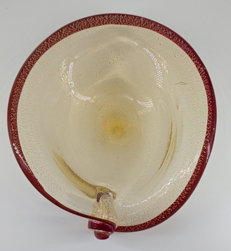 Murano Fratelli Toso Hand Blown Bowl Curled Stem Red Gold Italy Vintage Rare