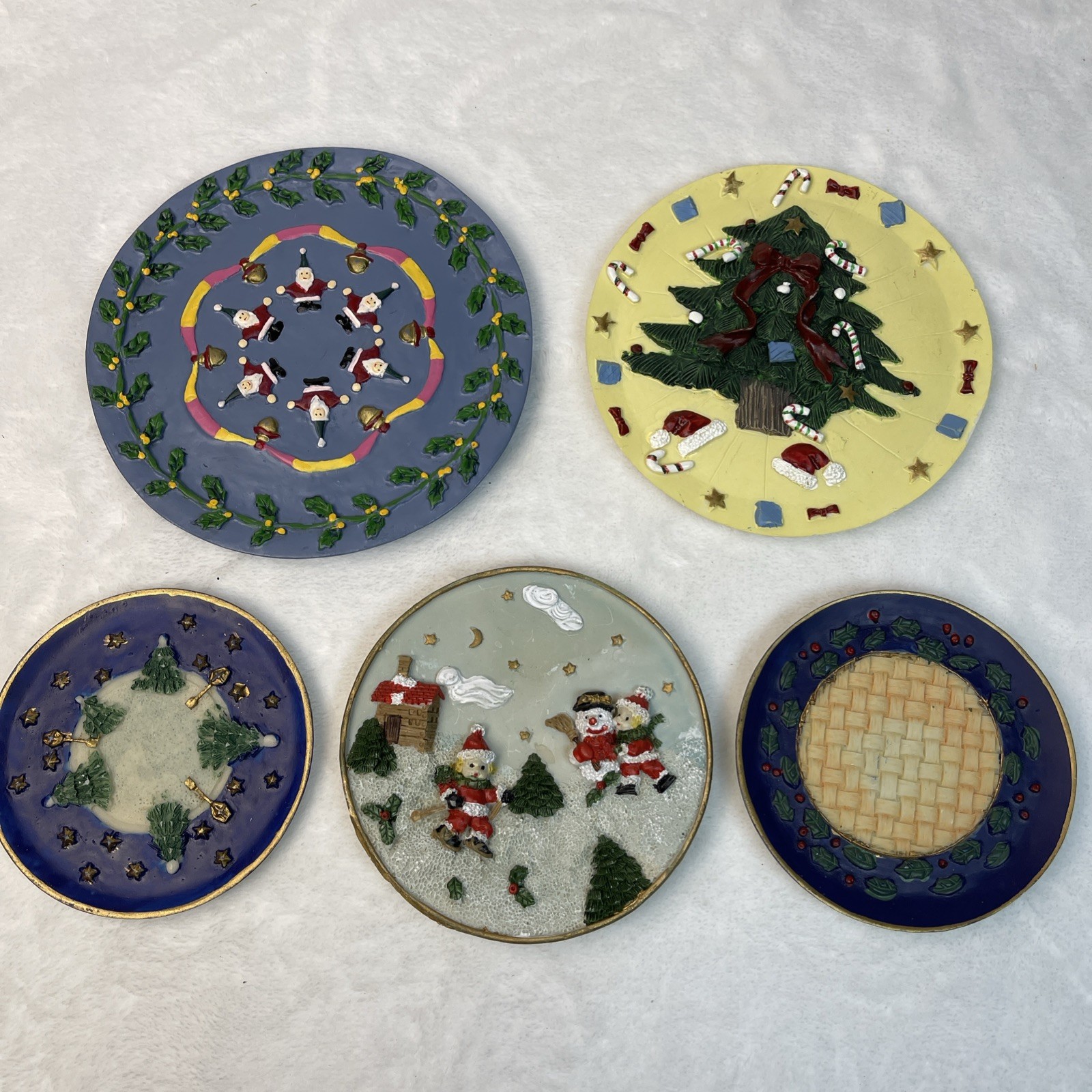 Set of 5 Mini Ceramic Christmas Plates Holiday Decor Candle or Candy Trays