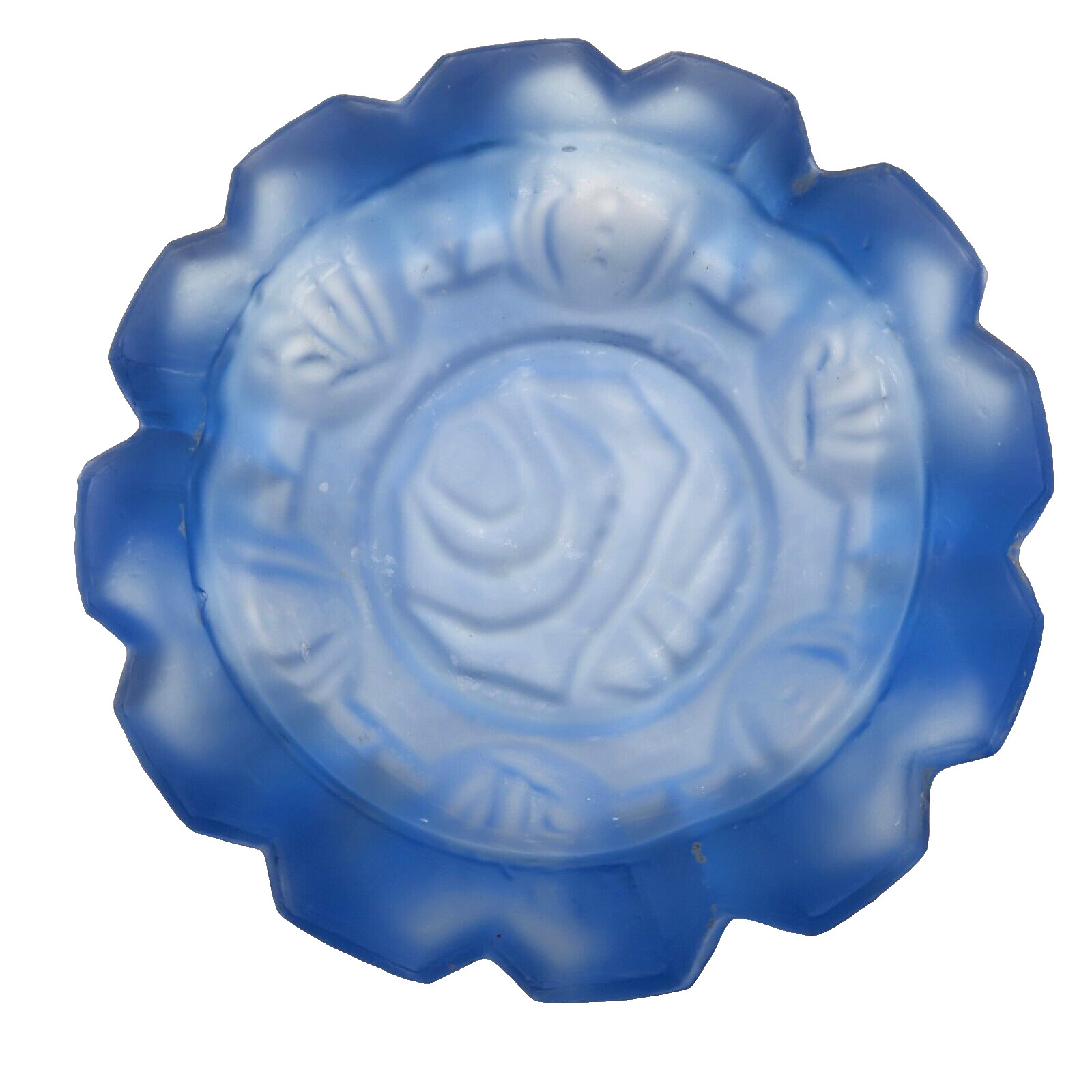 Powder Blue Glass Ashtray Embossed Roses Satin Finish 5″ Diameter MCM Vintage