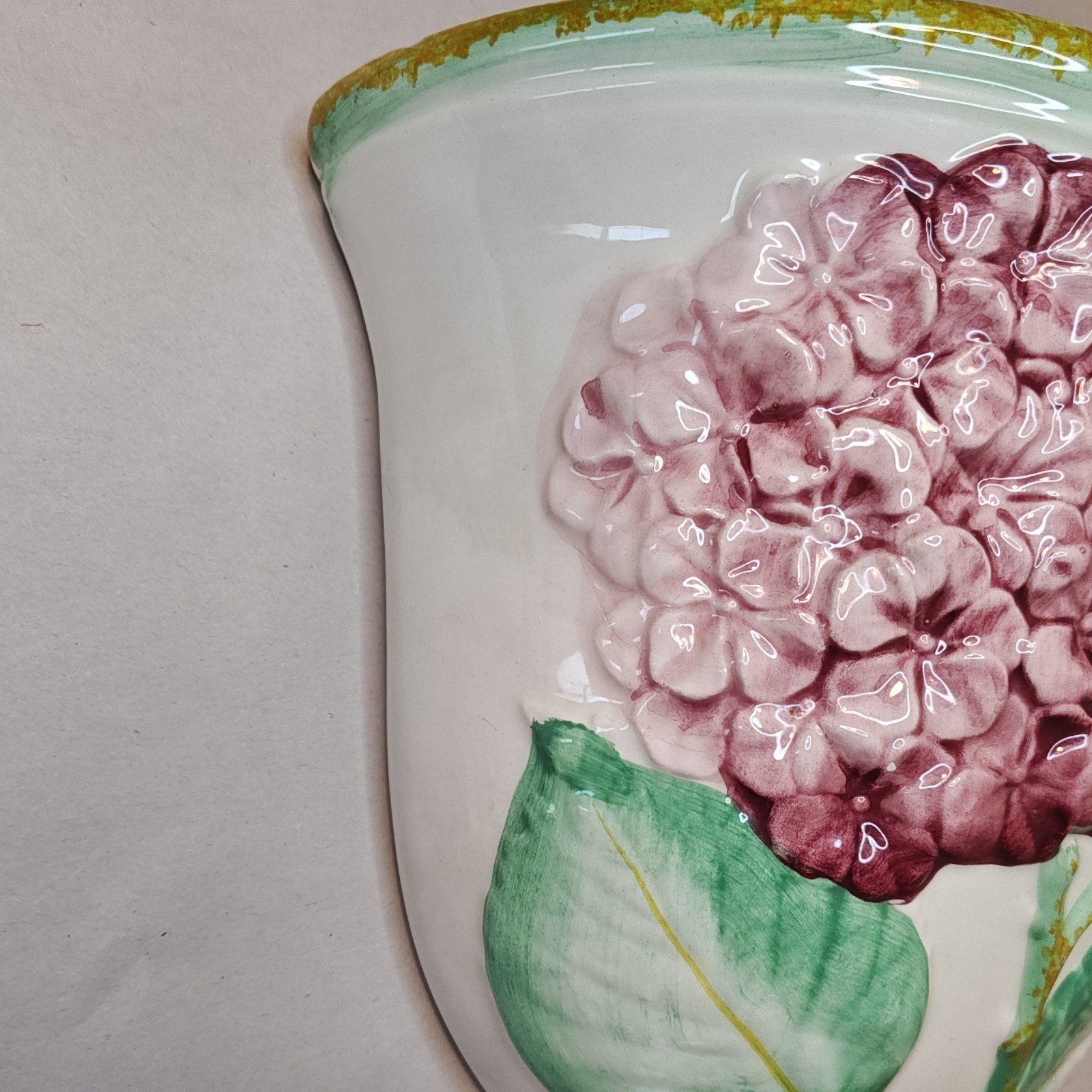 Italian Pottery Wall Sconce Planter Vase Hydrangea Pink White Hand Painted Ceram