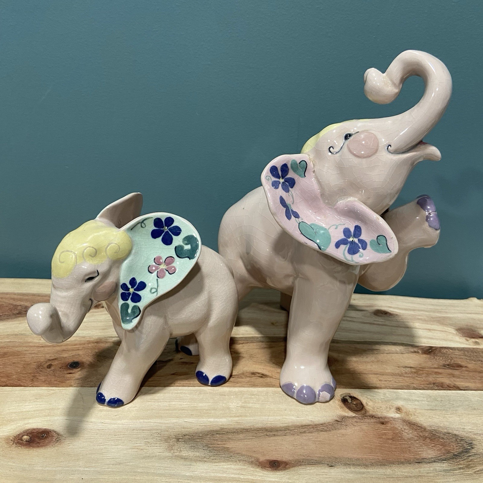 Set Of Kay Finch Elephants California Pottery Peanuts, Elephant With Flower Ears