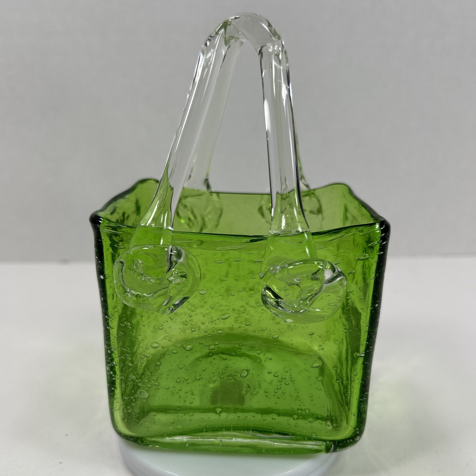 Vintage Hand Blown Green Glass Purse Bag Vase 7” Tall W/ handle 4” Wide