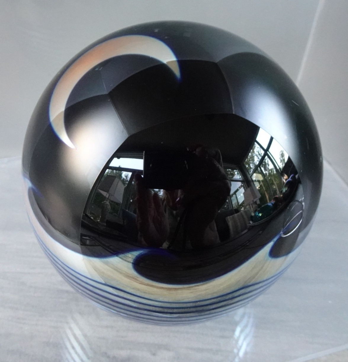 1986 Correia Crescent Moon & Ocean Waves Metallic Art Glass Paperweight