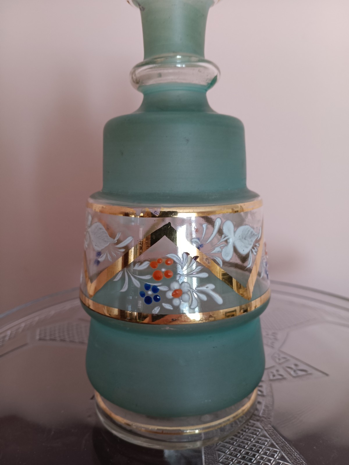 Antique Teal Blue Green OPALINE Victorian SATIN GLASS Hand Painted Vase