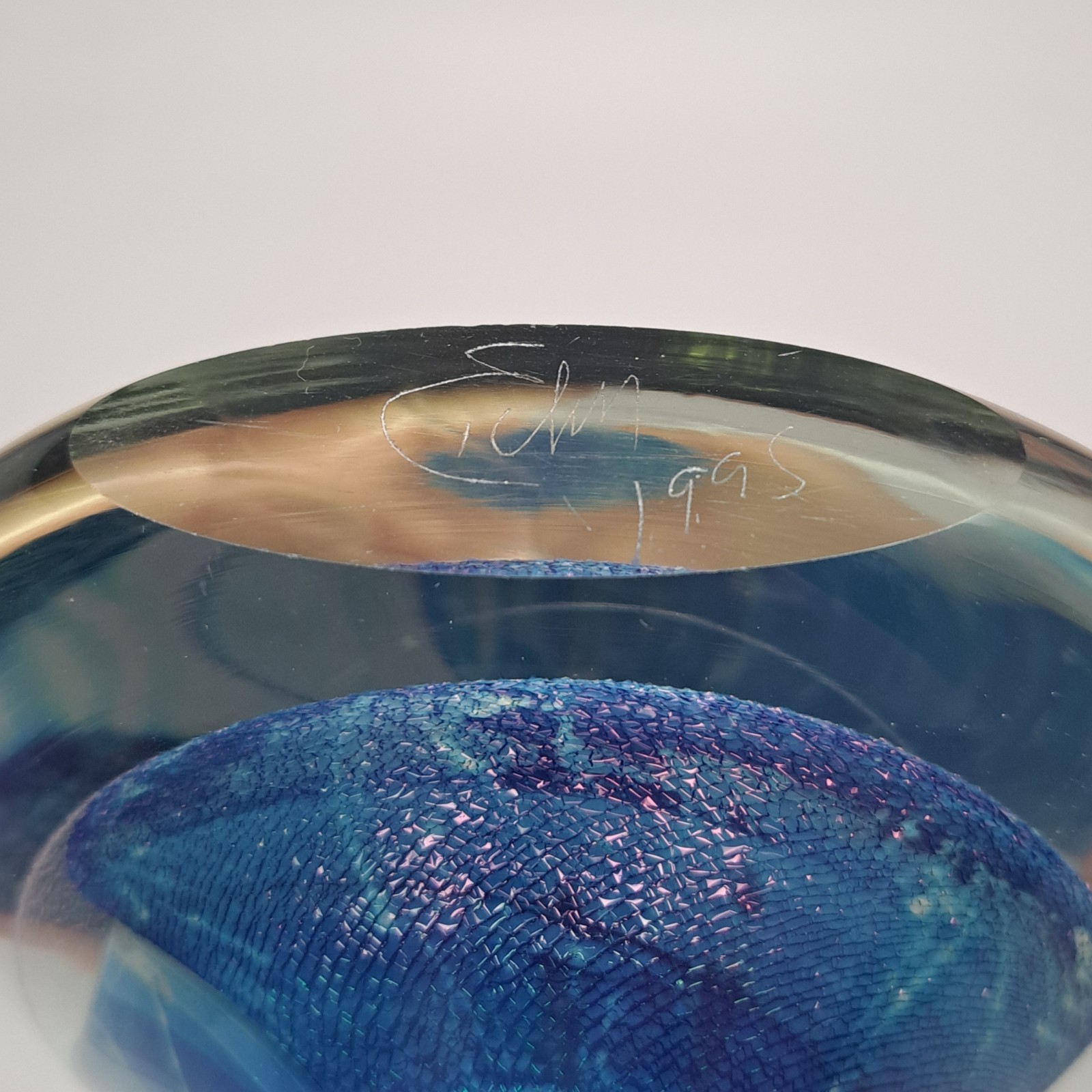 Eickholt Art Glass Paperweight 1995 Blue Seascape Dichroic Disc Double Position