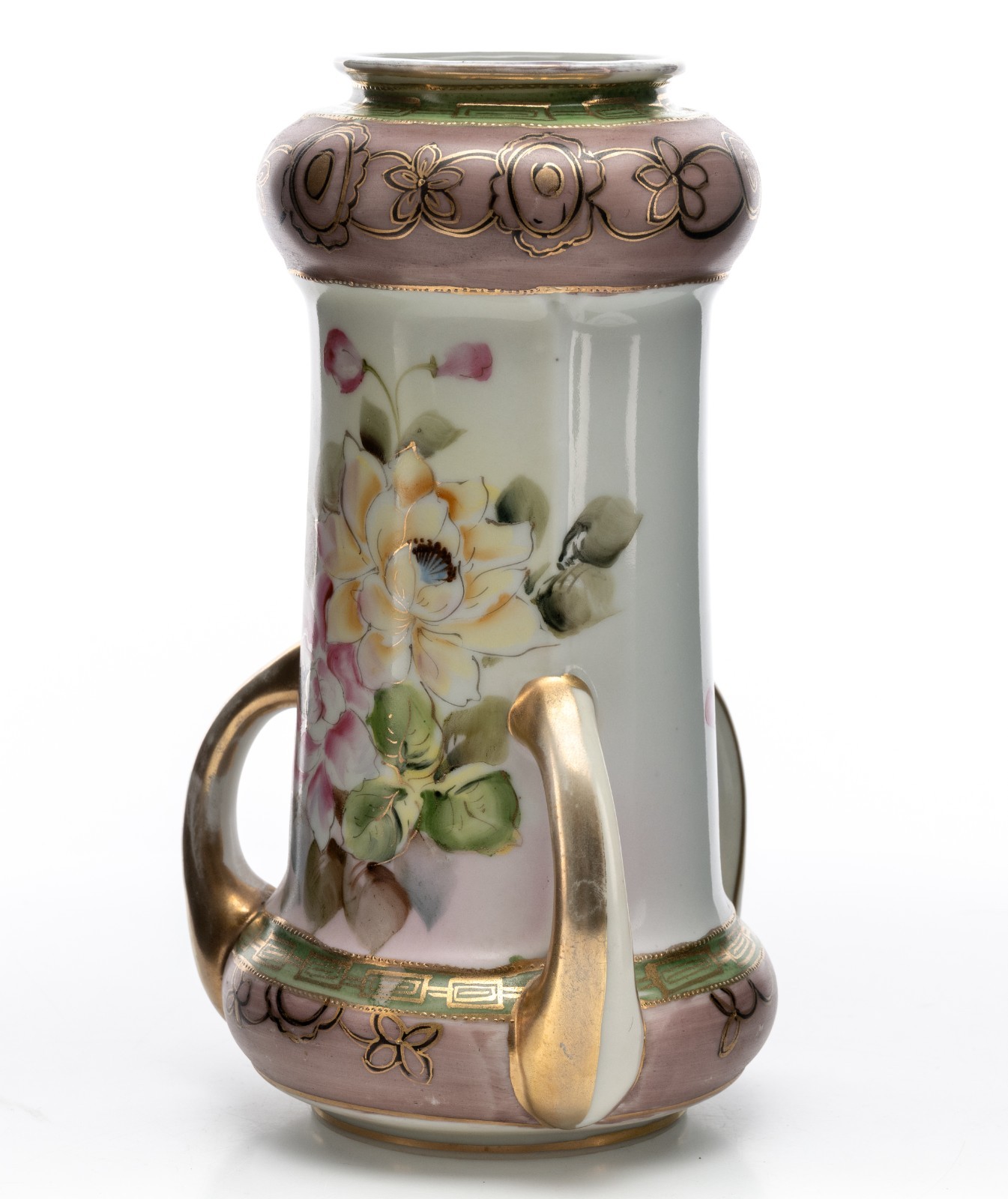 Antique Nippon 3 Handle Handpainted Vase Japan Gold Accents 9.5×5.5in 2lbs