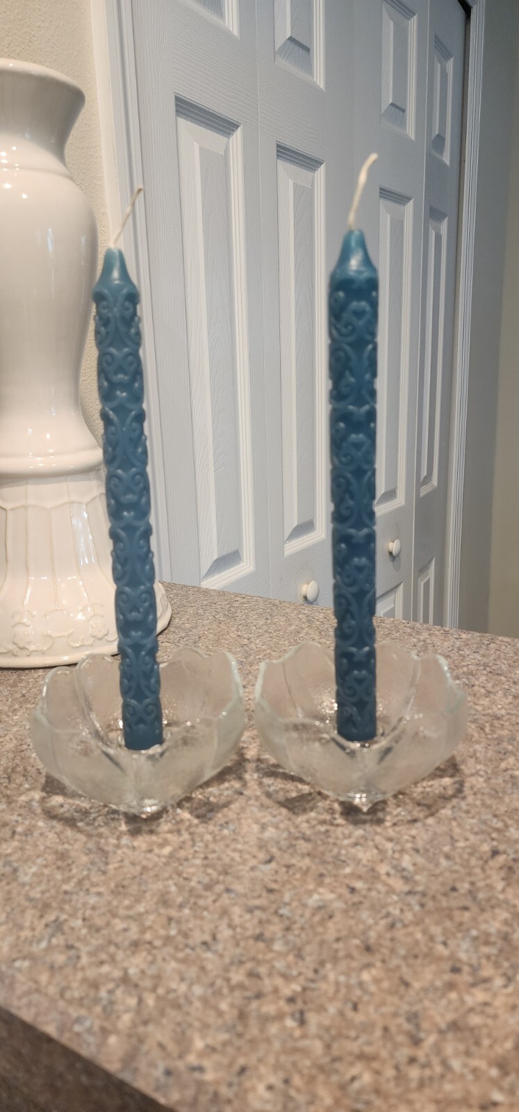 2 Vintage Anchor Hocking Clear Textured Glass Tulip Taper Candle Holders Table