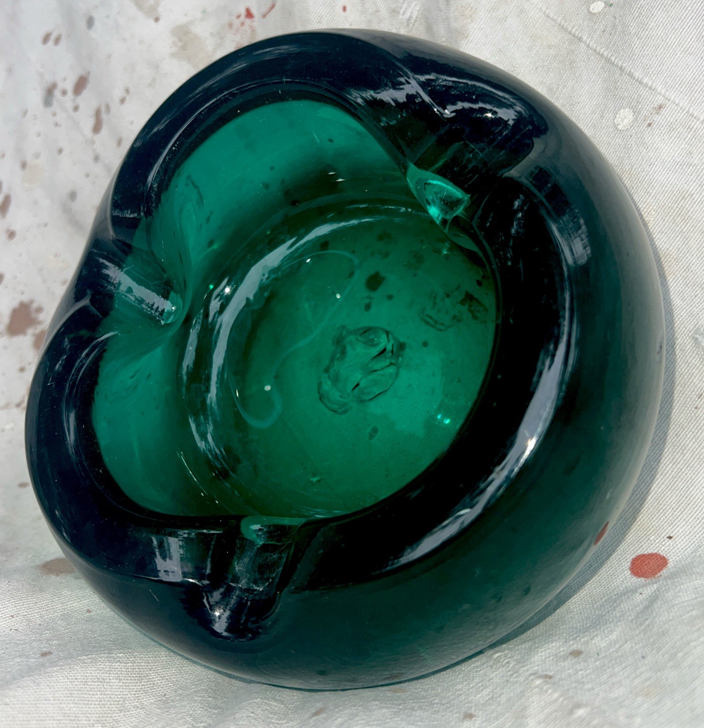 Vintage 60’s Emerald Green Blown Glass Ashtray Murano Style Orb MCM 4lbs 4.5ozs