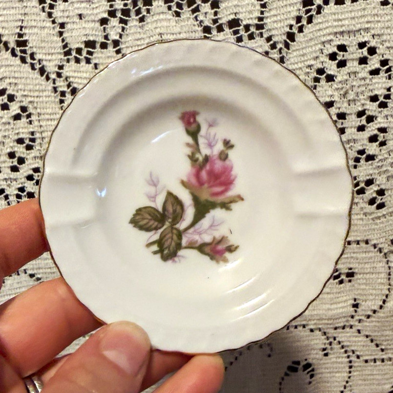 Japan Marked Porcelain Floral Round Decorative Ashtray White Pink Green