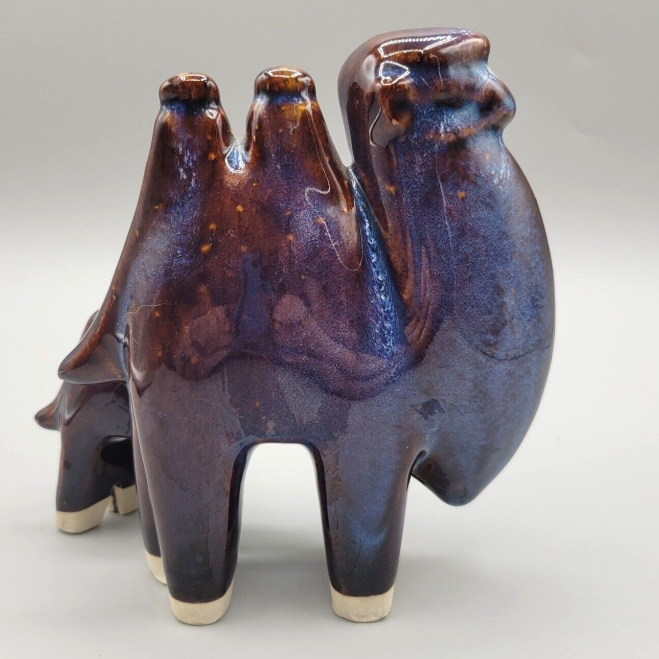 Two Hump Camels Mama and Baby Lava Drip Glaze Studio Art Pottery Blue Purple