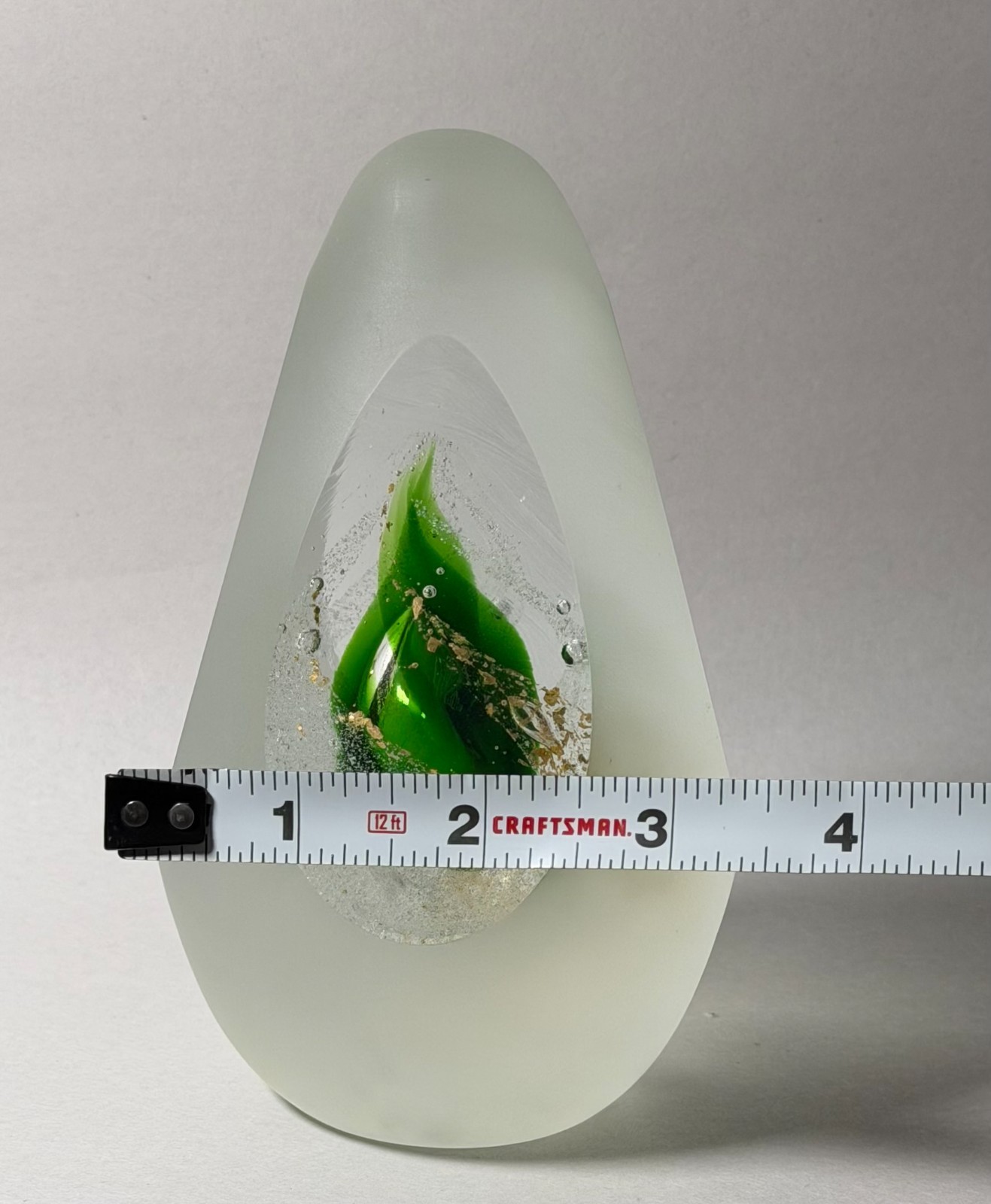 Hand Blown Art Glass Sculpture Frosted Teardrop Green Flame Gold Leaf 6″ Heavy