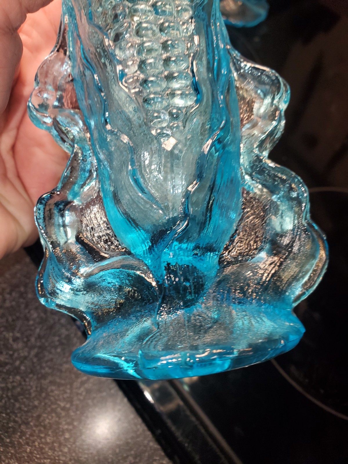 Vintage 1950s L.G. Wright Blue Glass Corn 7-1/4” Footed Vase Pair