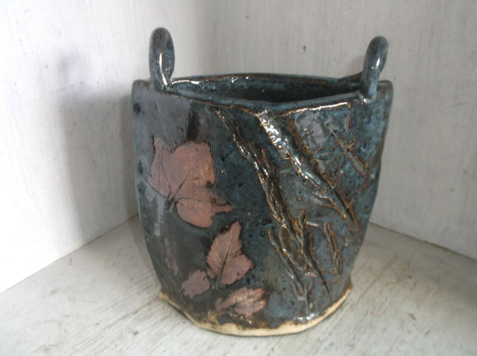 Victoria Travis Handmade Studio Art Pottery Vase Imprinted Leaves