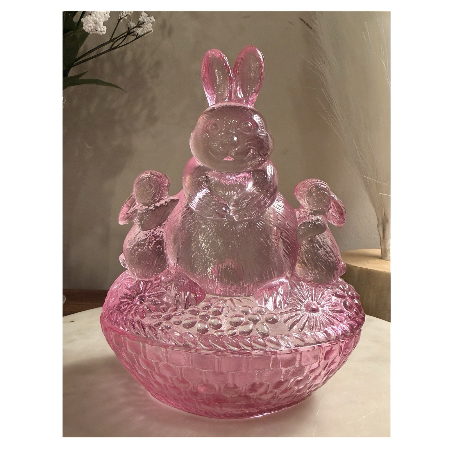 Vintage Style Pink Glass Bunny Lidded Candy Jar Floral Oval, 6″ x 5″