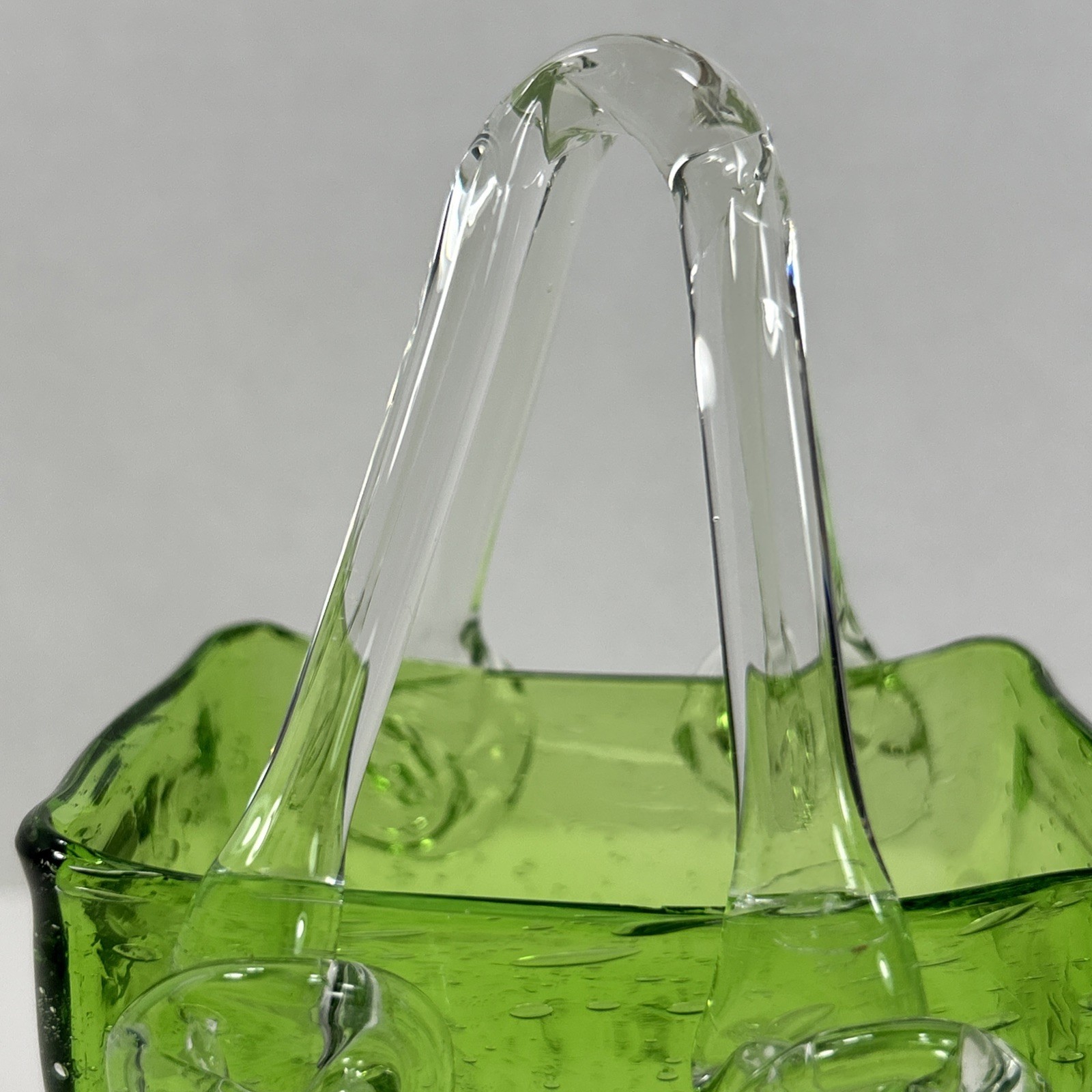 Vintage Hand Blown Green Glass Purse Bag Vase 7” Tall W/ handle 4” Wide
