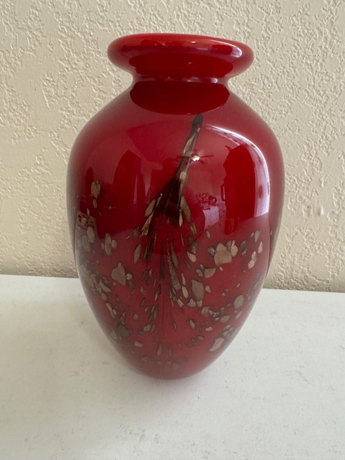 Blown Art Glass Red Vase w/ Gold / Copper Speckles