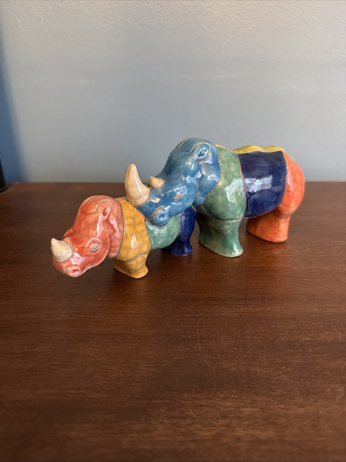 Vintage South Africa Studio Art Pottery Two Rhino Figurine Signed by the Artist