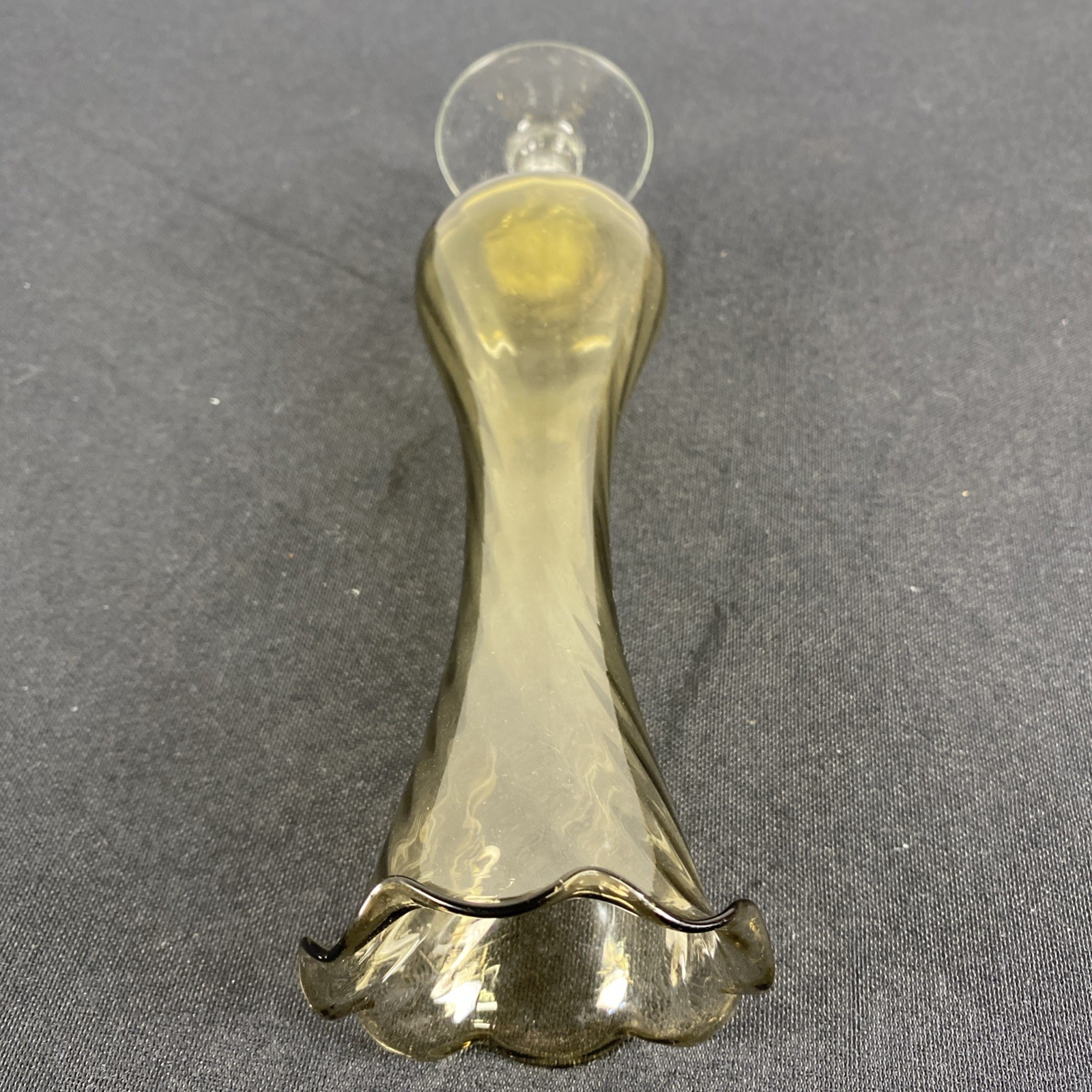 Vintage 8” Smoky Olive Fluted Glass Bud Vase Scalloped Rim Twisted Spun Stem MCM