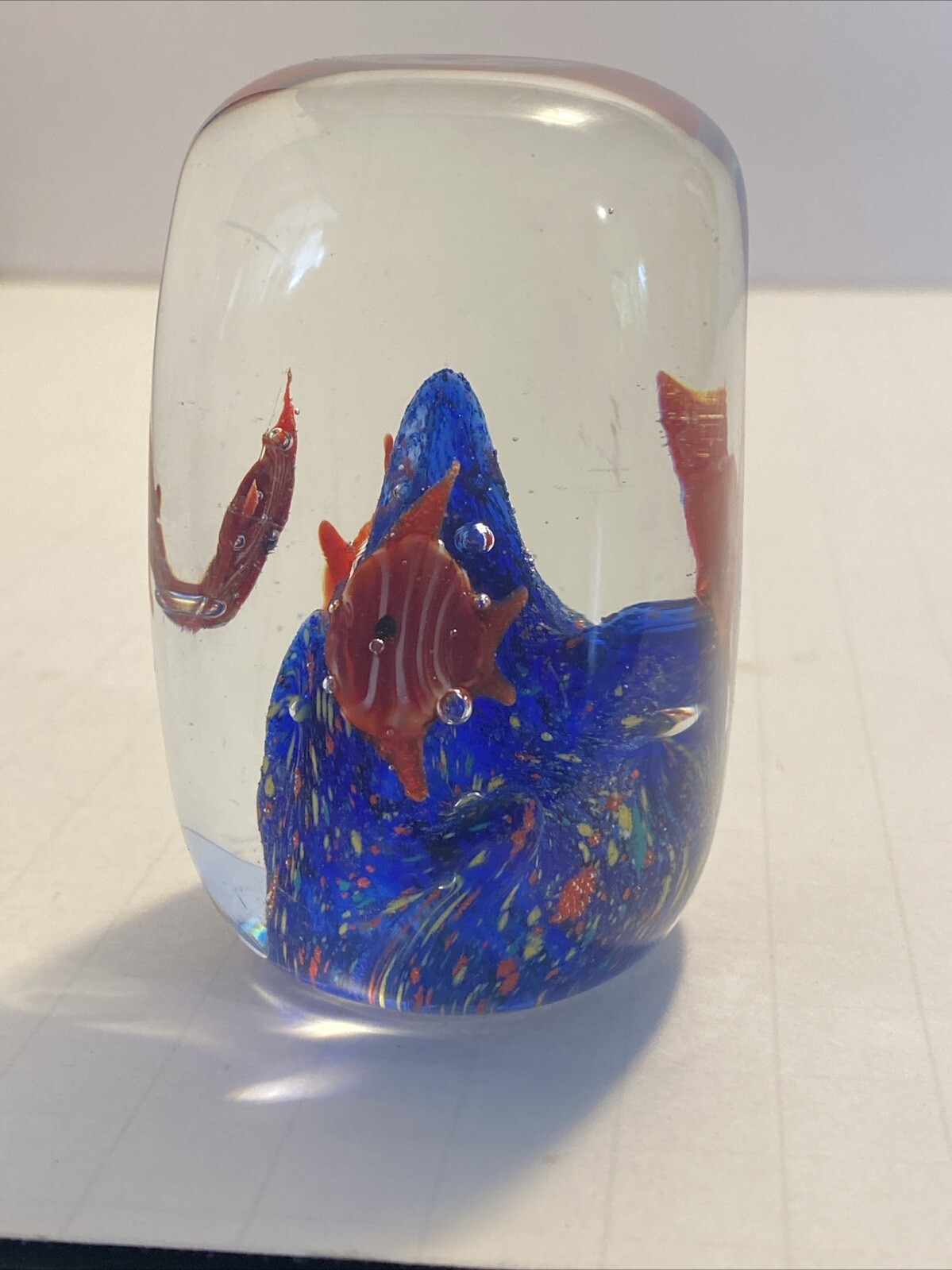 Glass Paperweight Underwater Scene w/ Bubbles & Colorful Fish 3 Inches Tall