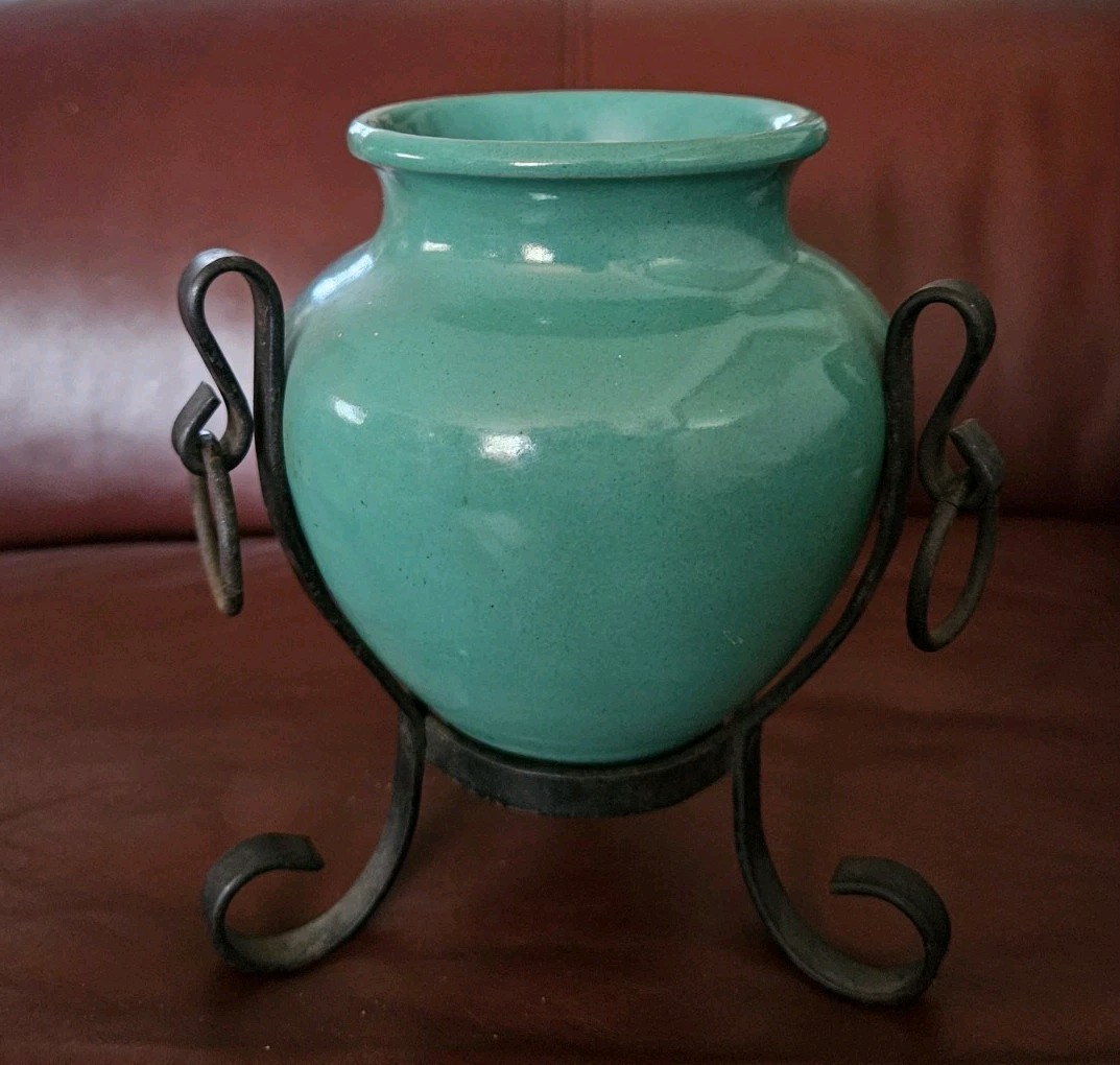 Vanro Italy Blue Green Glazed Pottery Vase Vessel in Iron Stand #3136