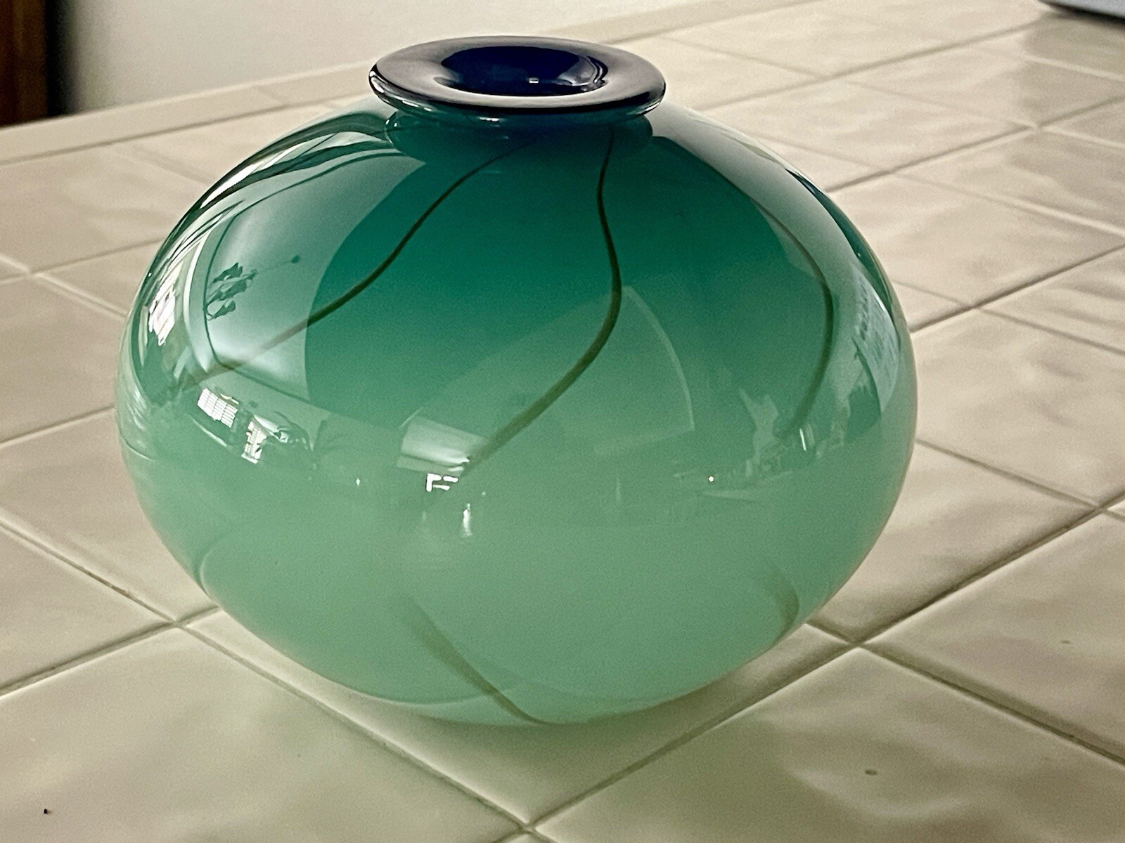 Vintage Mouth-Blown Art Glass Round Bowl-Shaped Vase Vibrant Teal & Blue, Signed