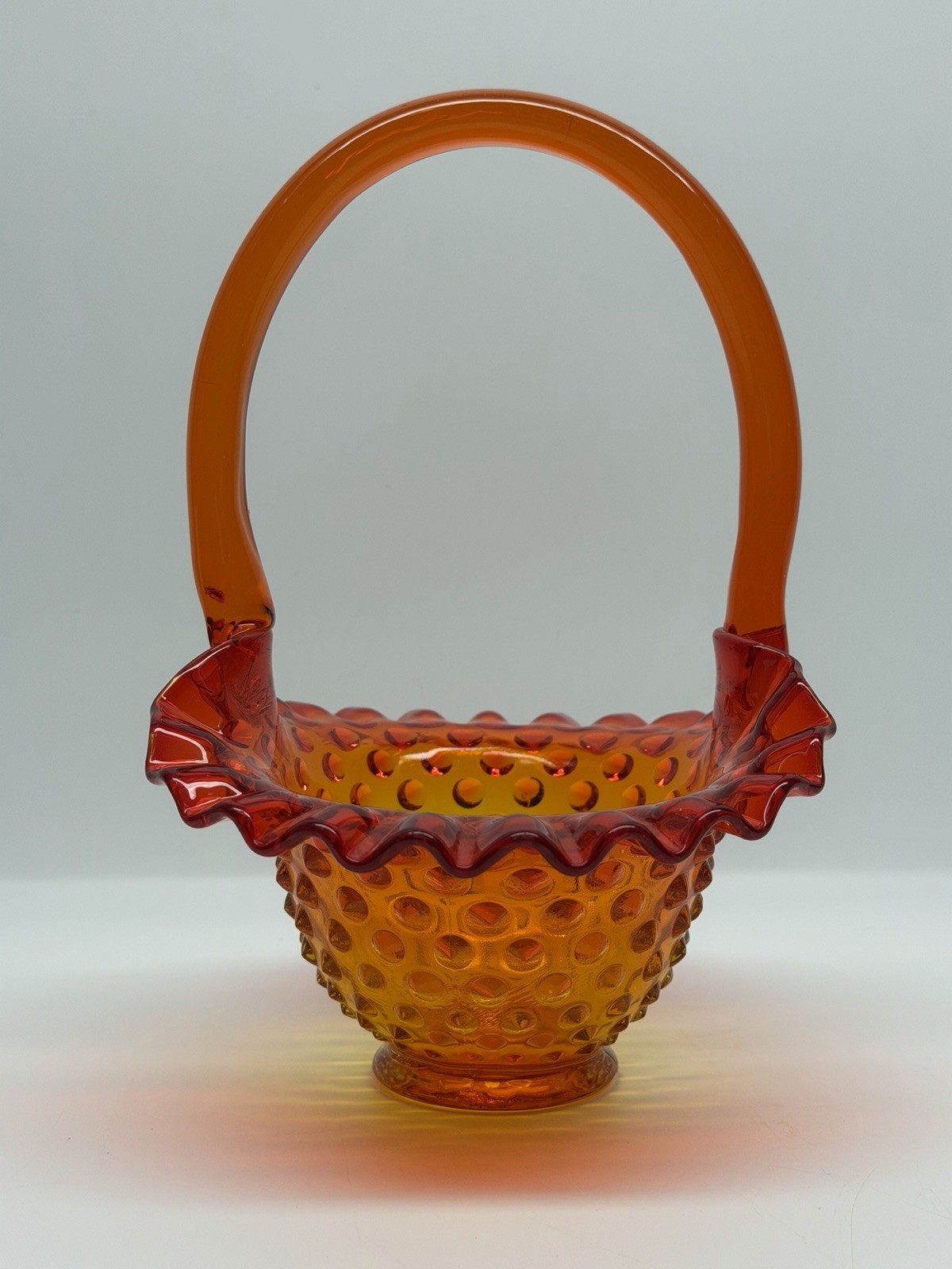 vintage Reddish Orange Amberina HOBNAIL Pattern GLASS BASKET ruffled wavy Fenton