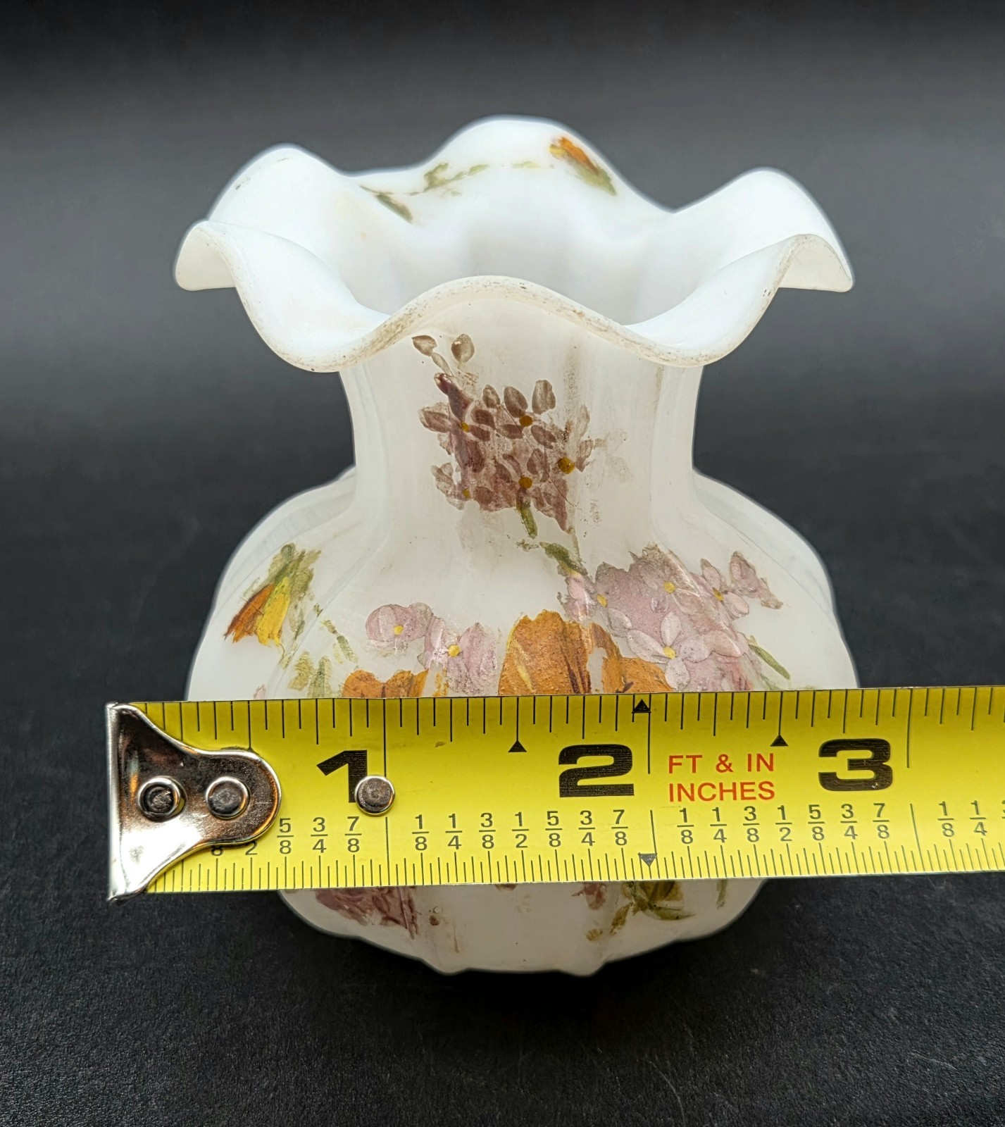 Vintage Hand-Crafted Victorian Floral 3″ White Satin Glass Vase