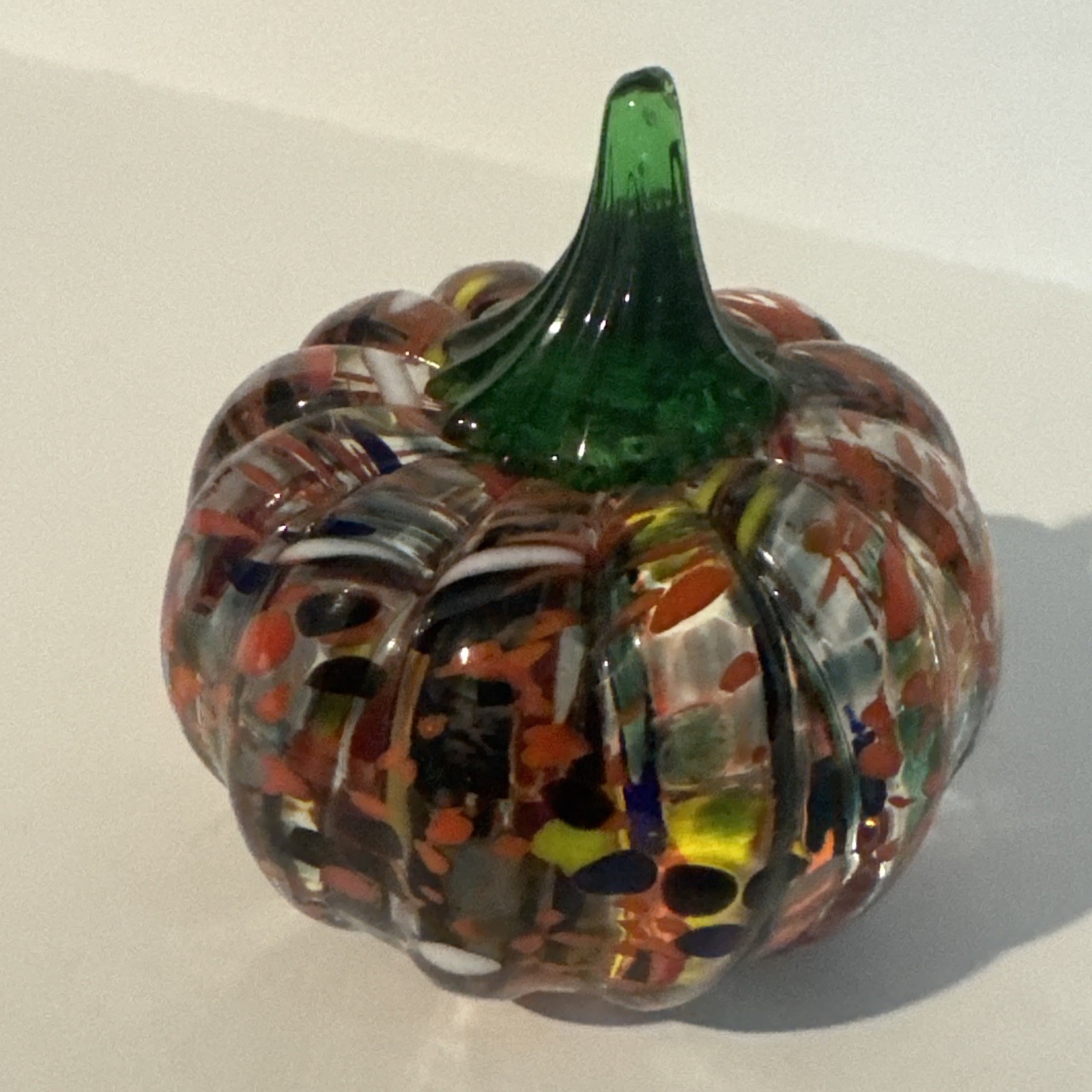 Blenko Pumpkin Paperweight Mini Multicolor Frit In Crystal Glass Applied Stem