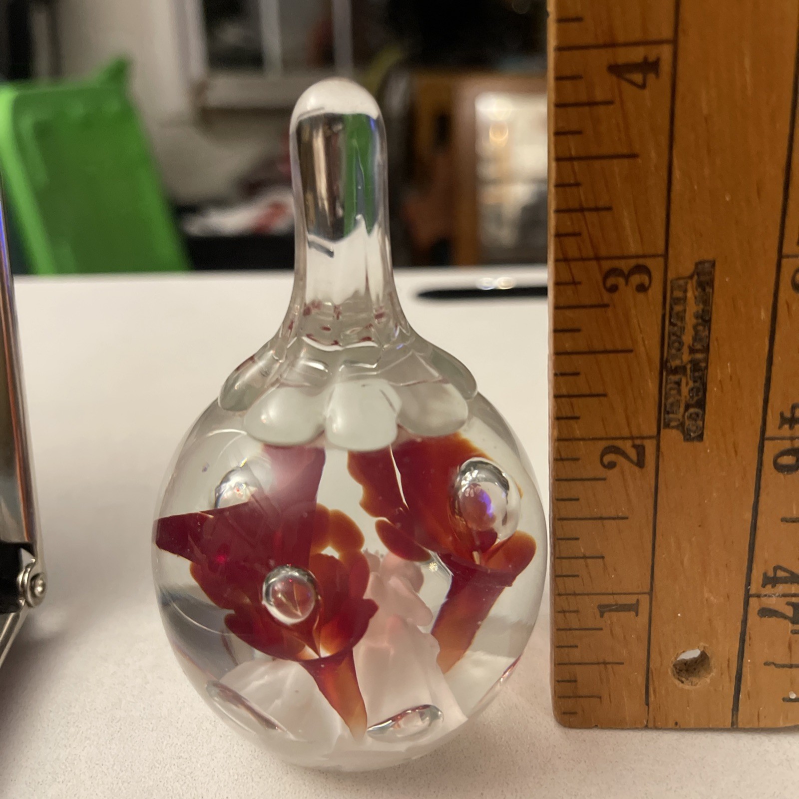 Art Glass Red White Floral Paperweight Teardrop Glass 4” Ring Holder