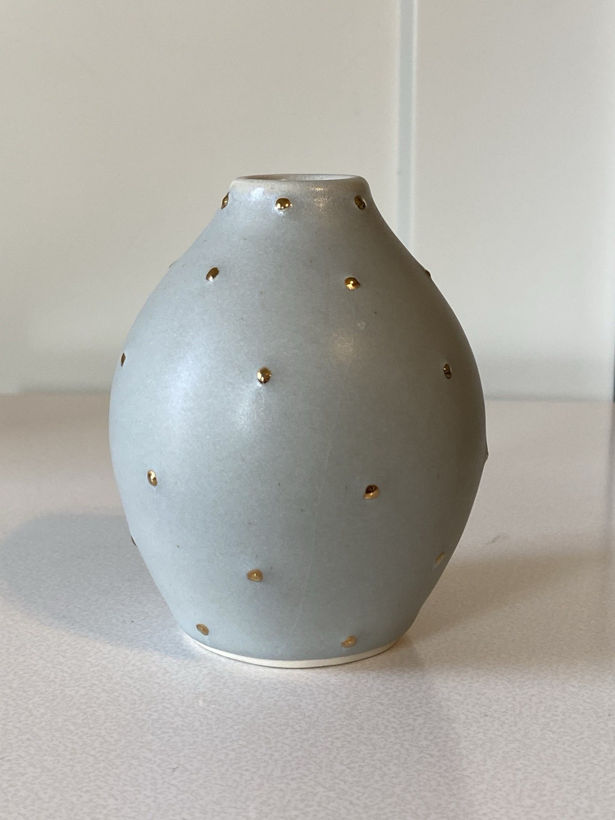 JOANNA Studio Pottery Weed Pot Bud Vase Robins Egg Blue Gold Polka Dots Unique