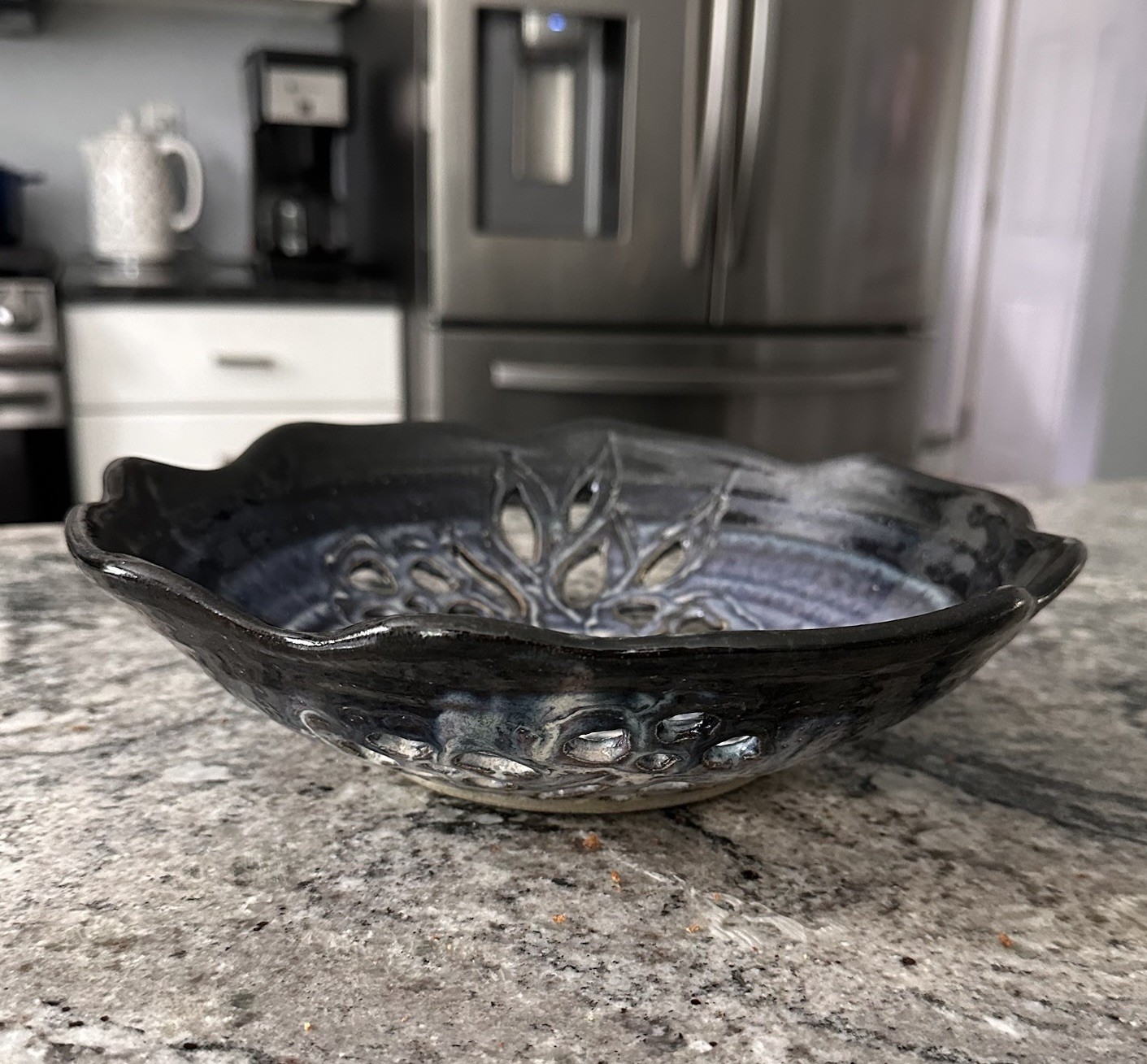 Studio Art Pottery Carved Fruit Bowl 10” Ceramic Decorative Beautiful Blue Tones