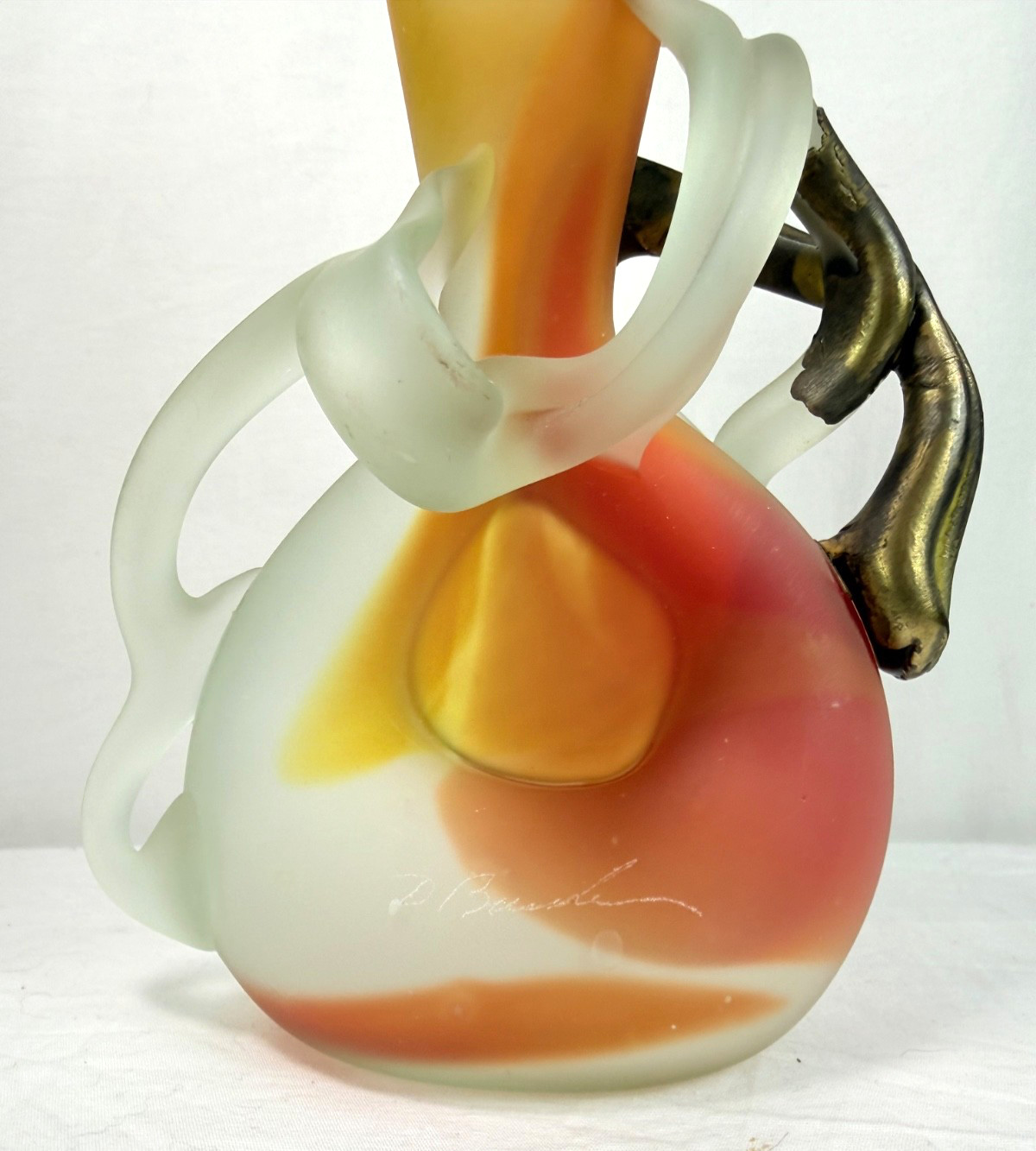 Art Glass Vase Studio Signed Fused Bronze Orange Frosted Vasile Vardan Style VTG
