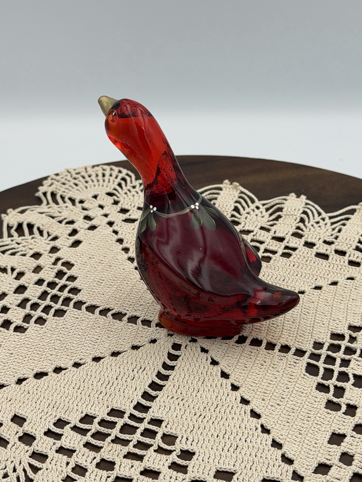 Vintage FENTON Art Glass Ruby Red Hand Painted Flower Holiday Goose Signed!!
